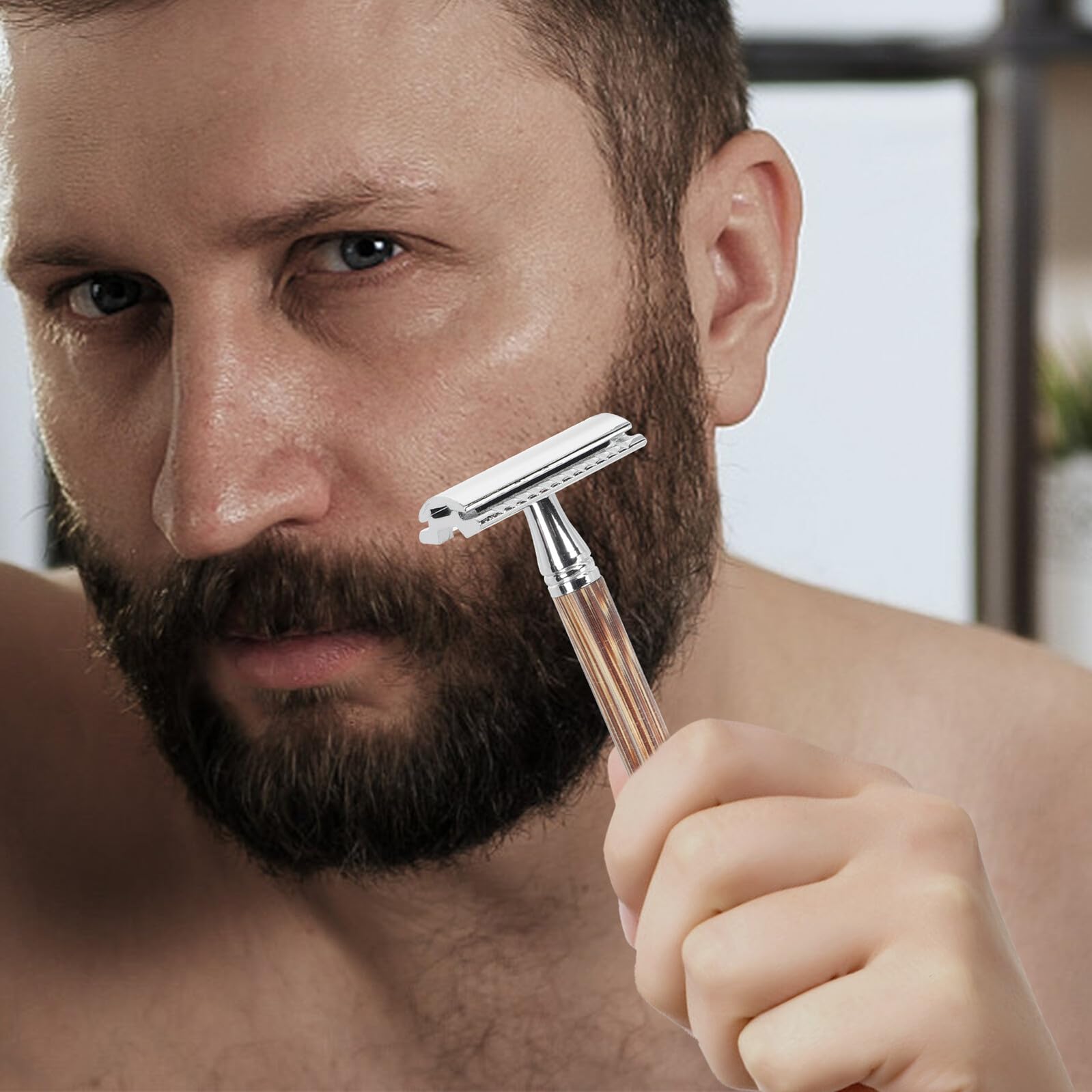 Rasoio Manuale Professionale con Manico in Bamboo Doppia Lama per Barba Strumento Sicuro per Rasatura Manuale Uomo Adatto Uso Casalingo e Barbiere