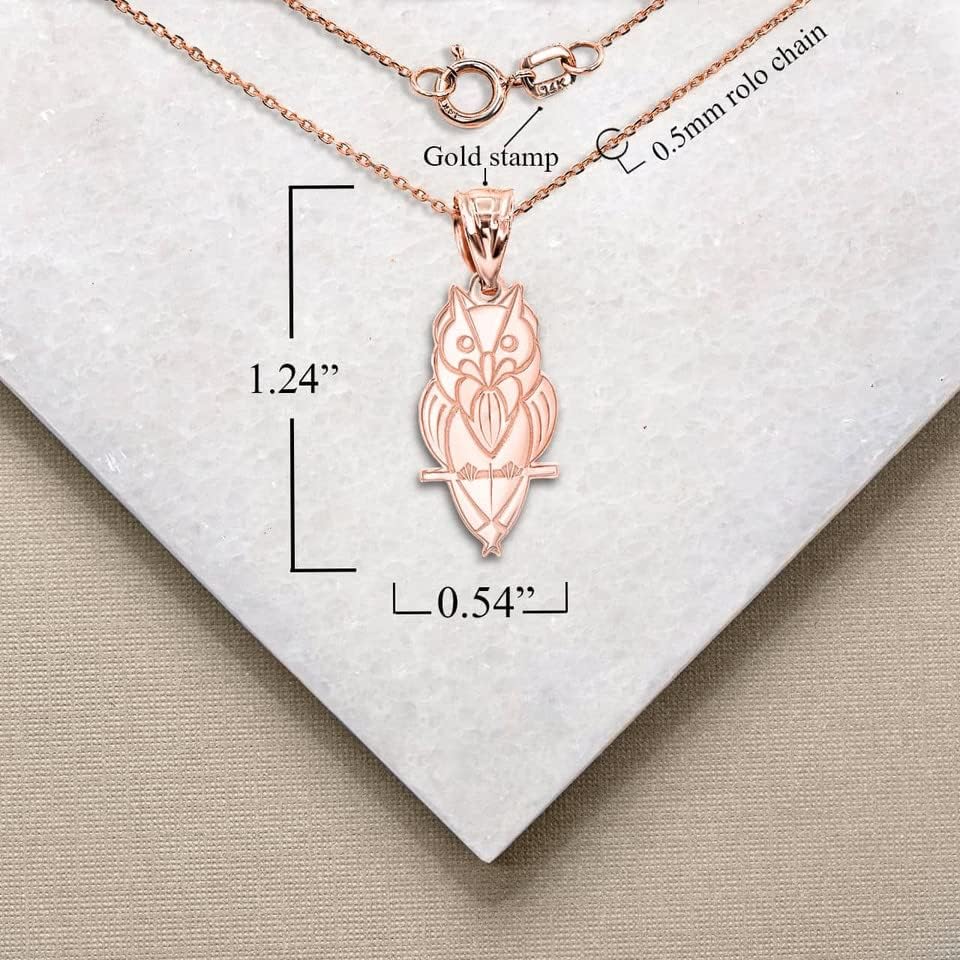 Solid 14K Rose Gold Owl Bird Animal Lover Pendant Necklace with Rolo Chain and Pendant only