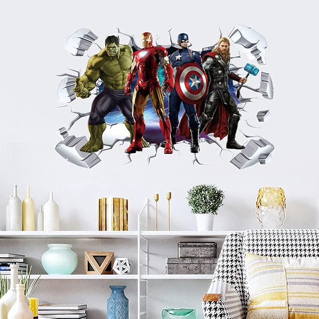 T-YU Superheroes Breaking Through Wall Sticker 3D Hulk Children Boys Wall Decals Peel and Stickers for Spider Walls Bedroom Living Room Home Décor( 15.7X23.7)Inch