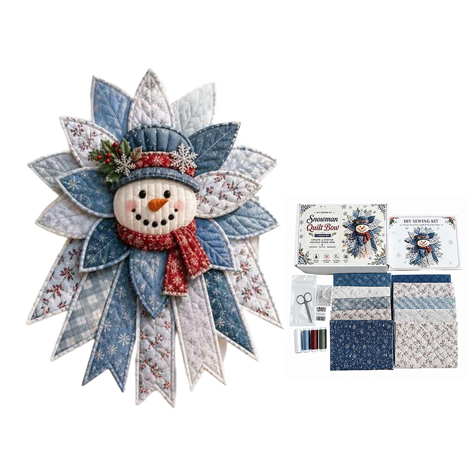 Festive Quilted Christmas Door Hanging DIY Sewing Kit, Christmas Quilted Bow DIY Kits with Fabric, Batting, Thread & Instructions, Patchwork Hanging Decor Kits for Birthday,Parties,Weddings