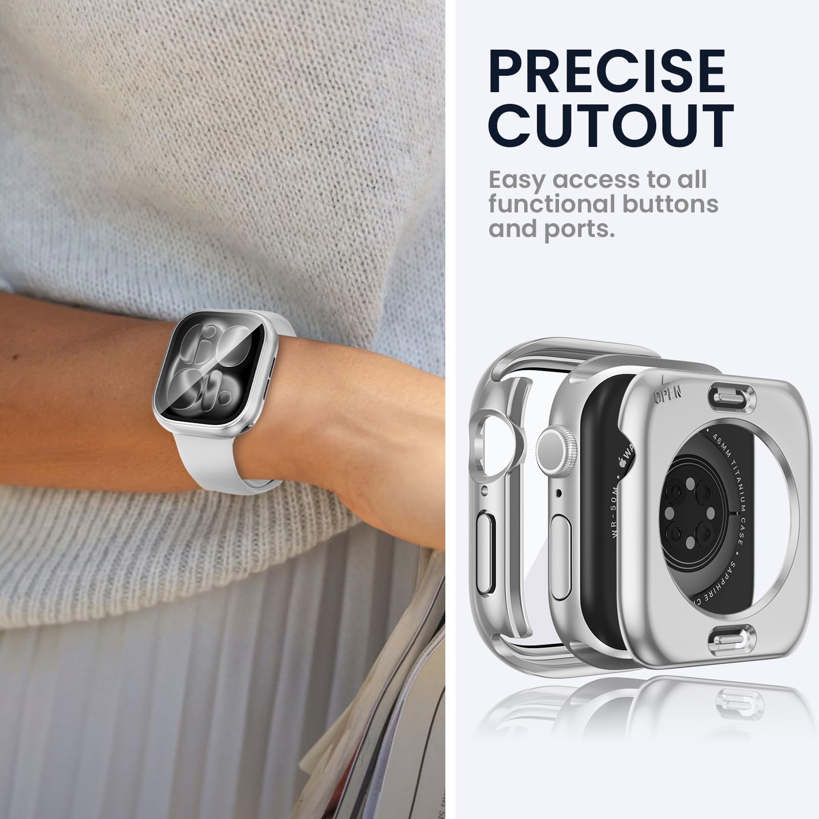 Kamita Wodoodporna obudowa kompatybilna z Apple Watch Series 11/Series 10 46mm, twarda obudowa PC z etui ochronnym ze szkła hartowanego, pełna osłona ochronna dla iWatch11/iWatch10 (srebrna)