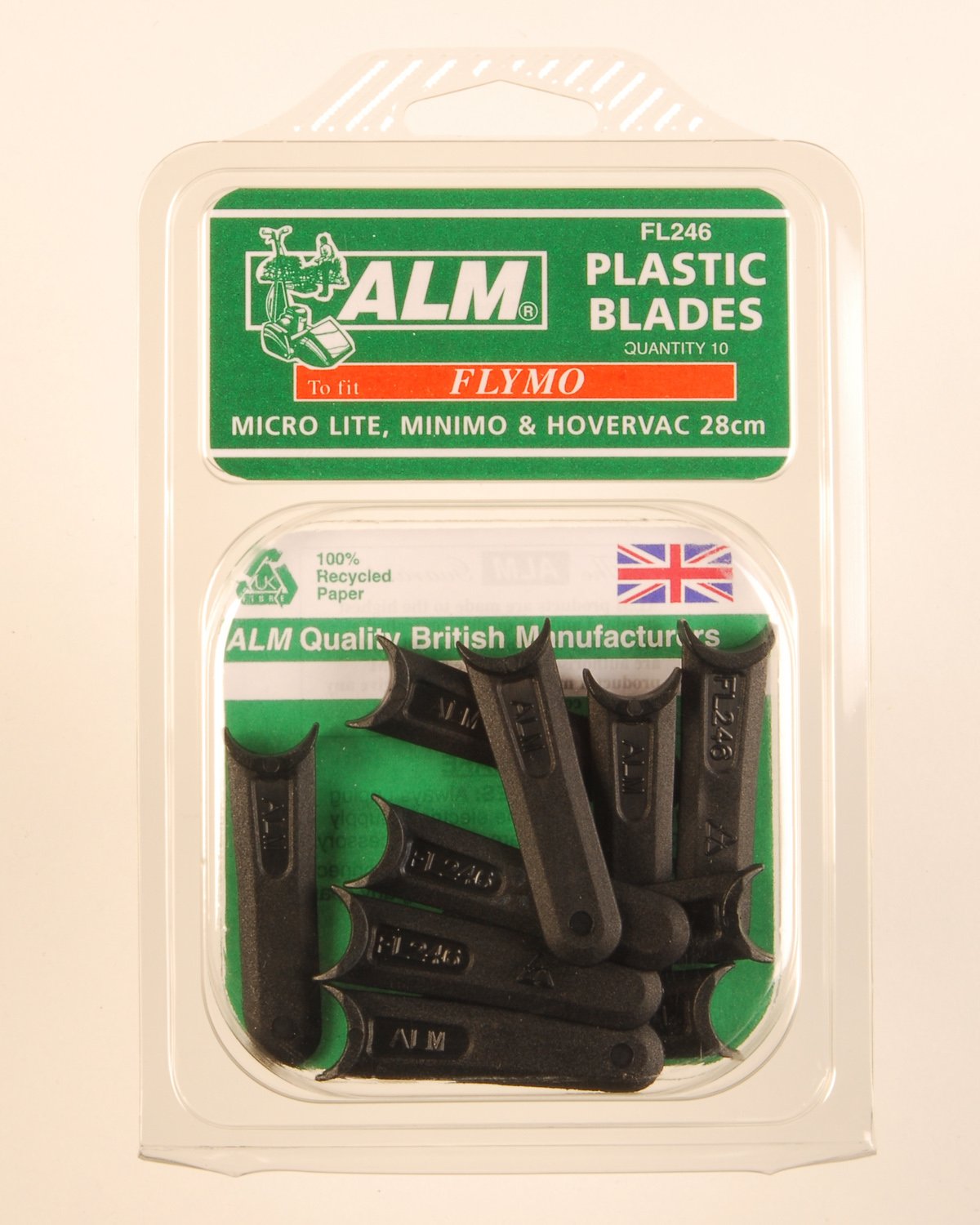 Plastic Blades: Flymo Pack of 10 Flymo Microlite, Minimo small half moon lawnmower clip on plastic blades Alm: Small Half moon cutters FLYMO Microlite Lawnmowers and Minimo (2002 onwards), Hovervac 28/30 2006 onwards, Hovervac Dual Handle, Mow n Vac