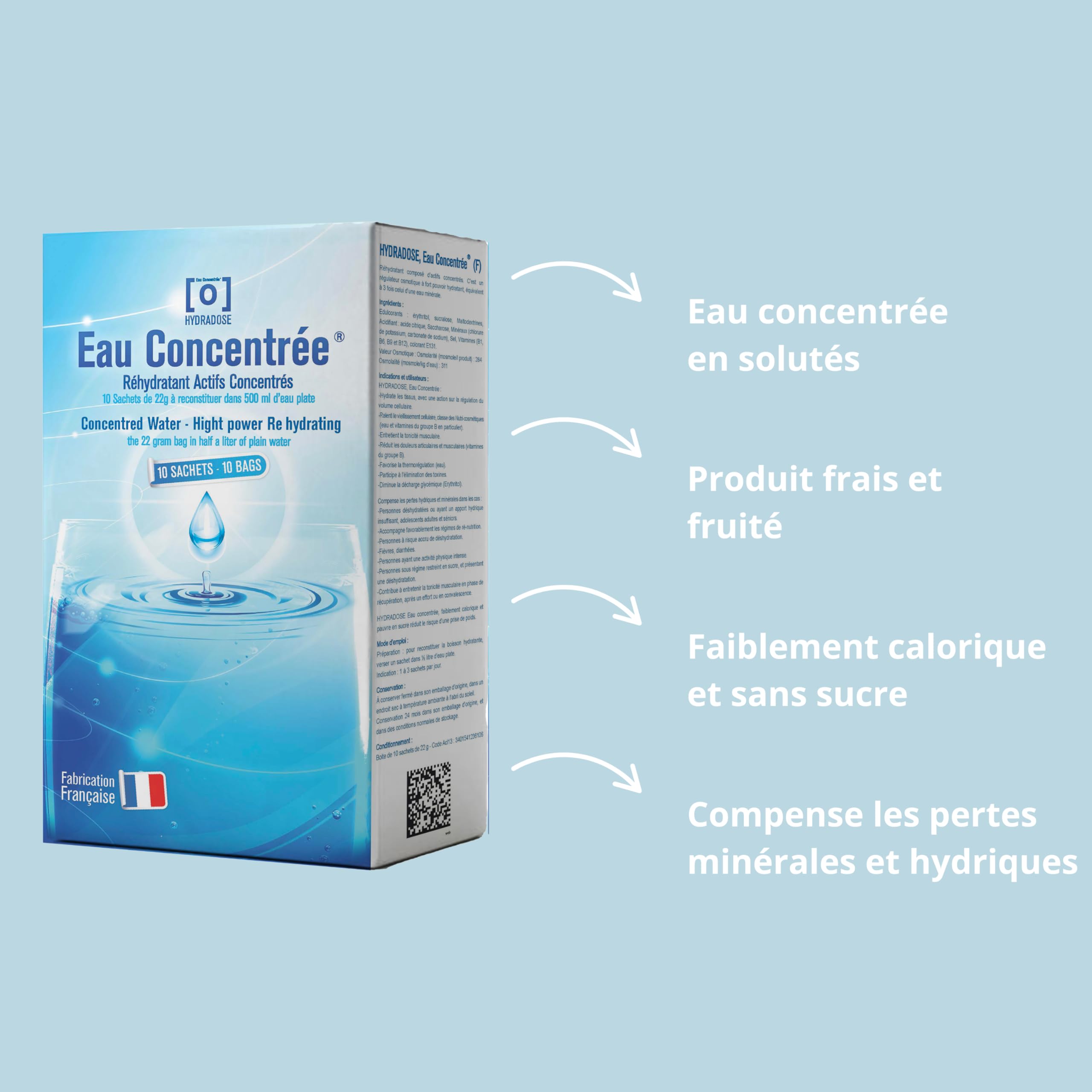 Hydradose Eau Concentrée Goût Neutre - 10 Sachets - Améliore l’Hydratation - Réhydratant pour Sportifs, Séniors, Chaleurs, Fièvres, Perte de Soif - N1131
