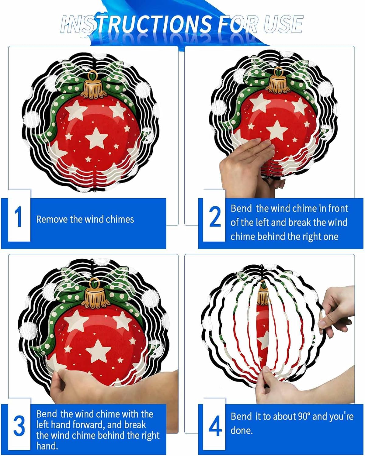 Merry Christmas Wind Spinner 3D Stainless Steel, 12 Inch Double Sided Circle Hanging Wind Spinners, Xmas Ball White Polka Dots Garden Art Wind Sculpture for Yard Porch Front Door