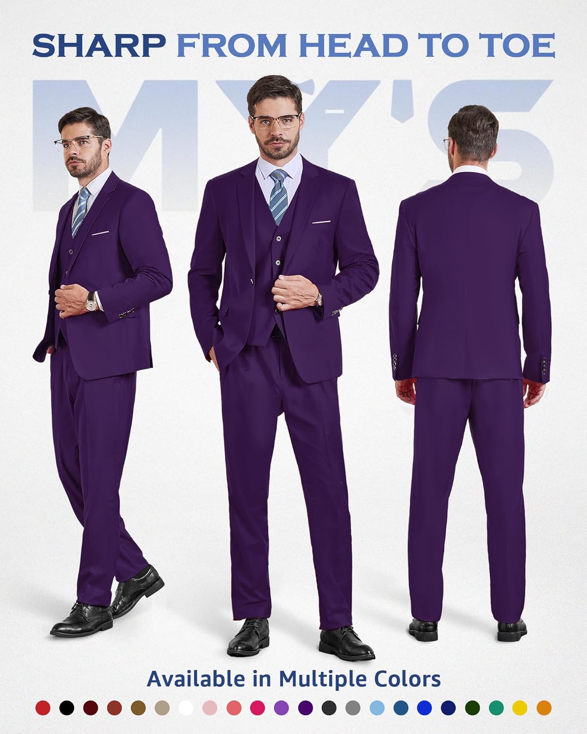 MY'S Men's 3 Piece Slim Fit Suit Set, One Button Solid Jacket Vest Pants... - Picture 44 of 138