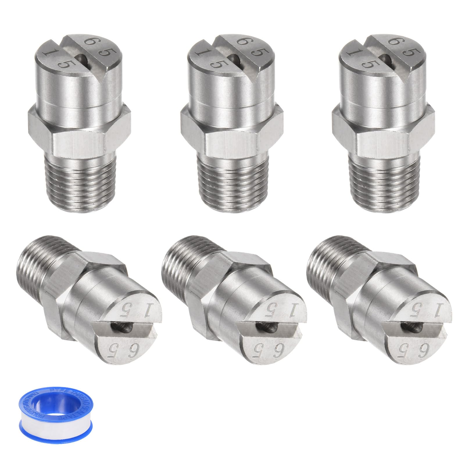 M METERXITY 6-Pack Flat Fan Spray Tip, 65 Degree 1/8BSPT Male Stainless Steel Pressure Washer Nozzles Cleaner Nozzle Replacement W Sealing Tape for Water Guns (2.4mm Orifice)
