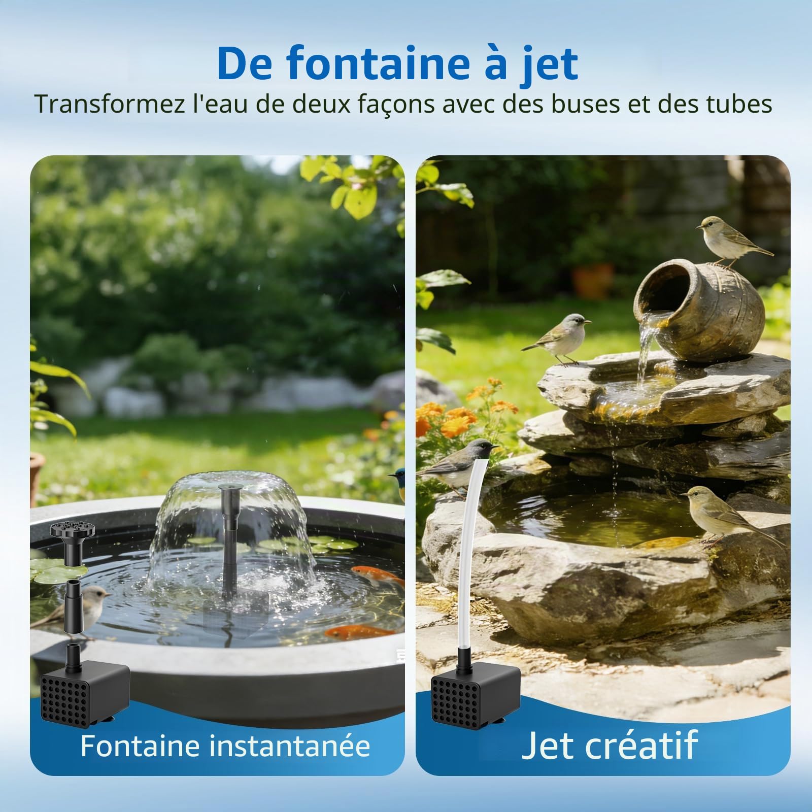 Pompe à Eau Solaire avec Batterie de Secours, 4 W, Batterie 2000 mAh intégrée, câble 3 m, 5 Modes de pulvérisation, Tube PVC 1,2 m, Fontaine Bassin, Bain d'oiseau, aménagement Aquatique Jardin