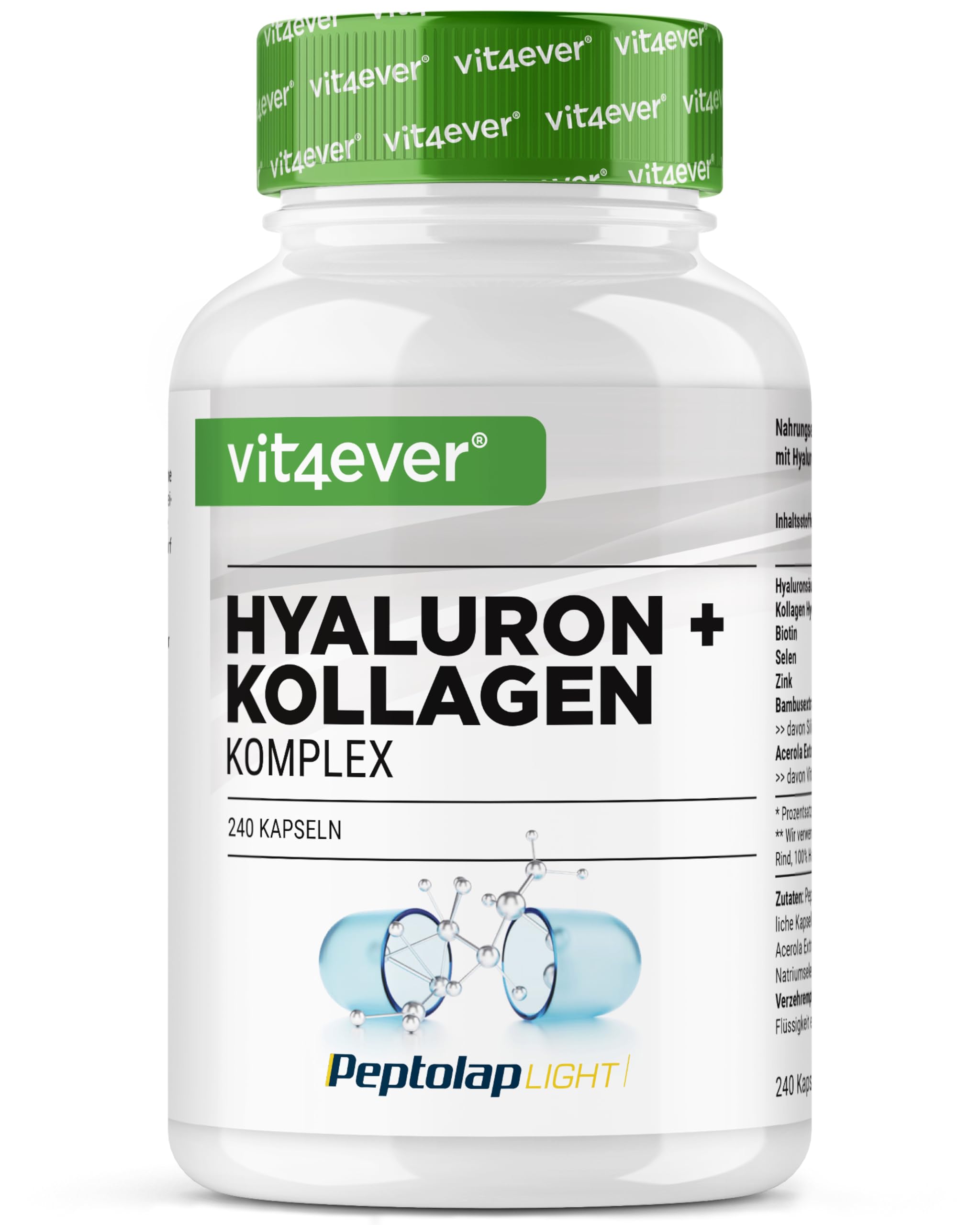 vit4ever Complexe Collagène Acide Hyaluronique - 240 Gélules - Premium: avec de la Biotine Bioactive, du Sélénium, du Zinc, de la Vitamine C Naturelle Issue de l'Acérola et du Silicium Issu du Bambou