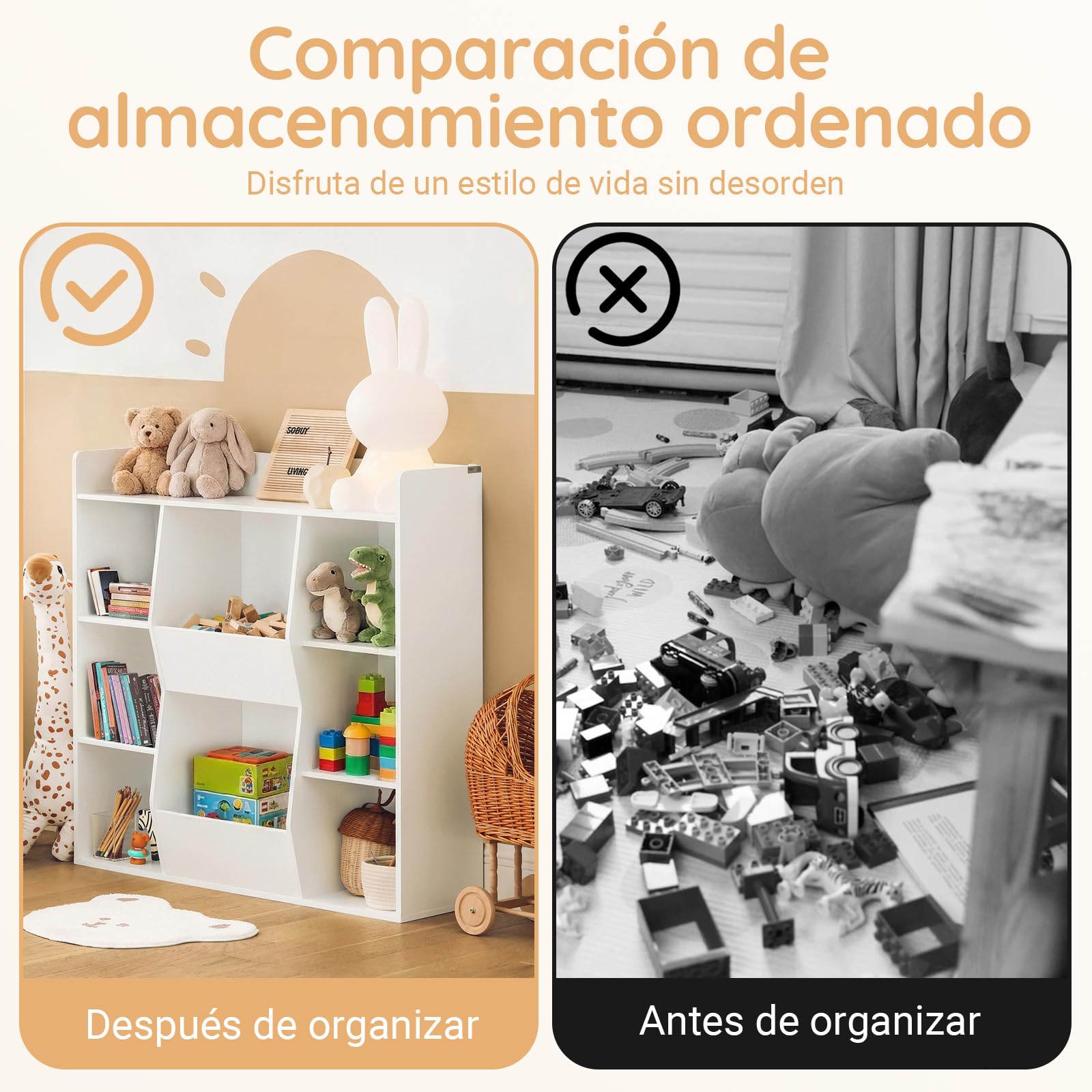 SoBuy Librería Infantil Estantería Montessori con 6 Estantes y 2 Compartimientos Organizador Juguetes Almacenaje para Libros Muebles habitación Blanco 106x30x104 cm KMB55-W
