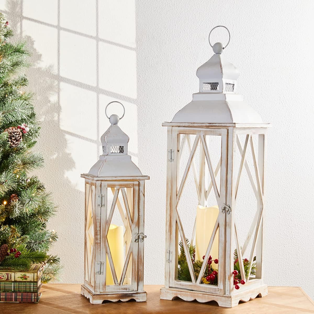 Diamond White Painted Wood Hanging Tabletop Candle Lantern Set