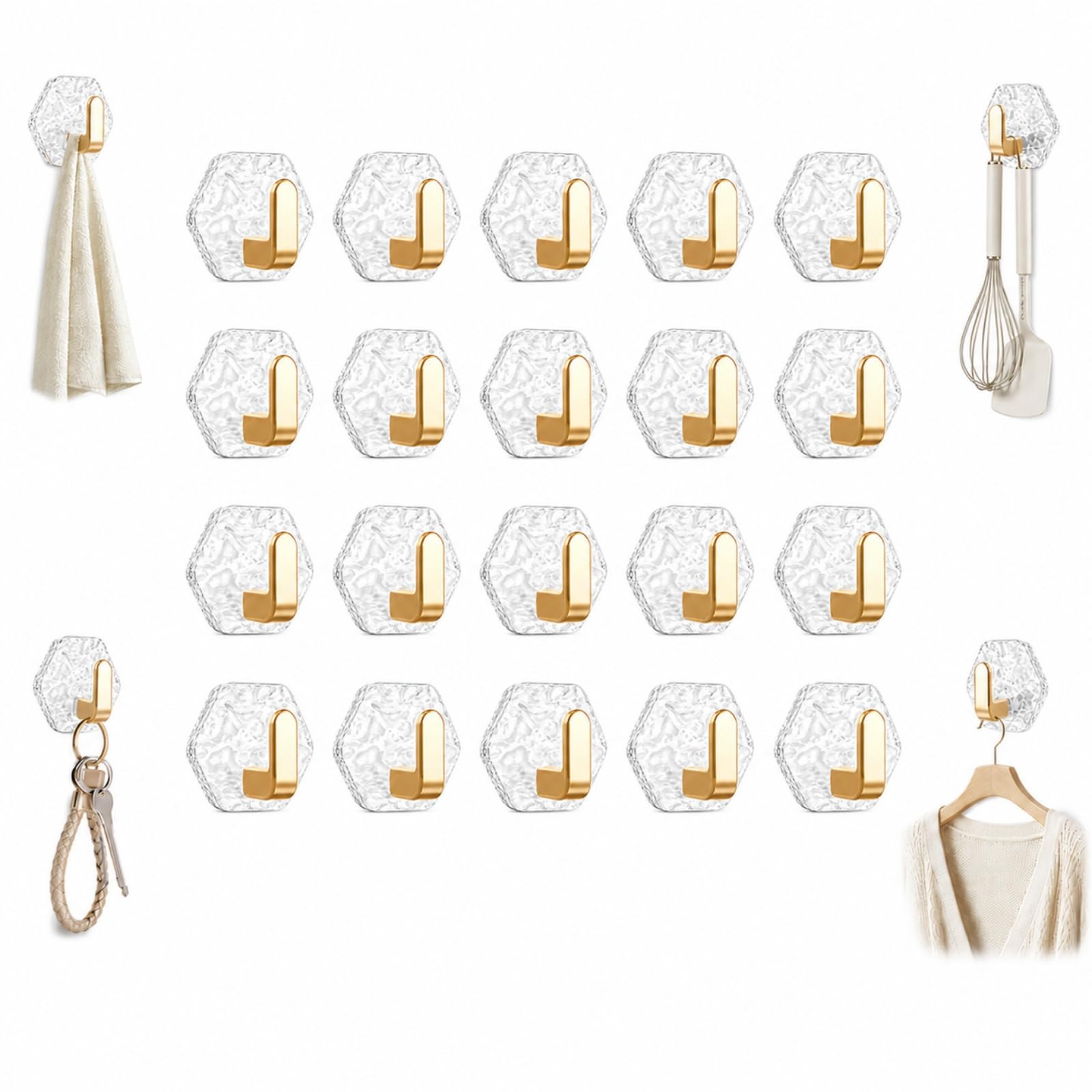 ZrdlqlLcjxy Water Ripple Hexagonal Self Adhesive Hooks, Drill Free Wall Hangers, Transparent Key Holder for Bathroom, Kitchen, Office, Living Room，20Pcs（Gold）