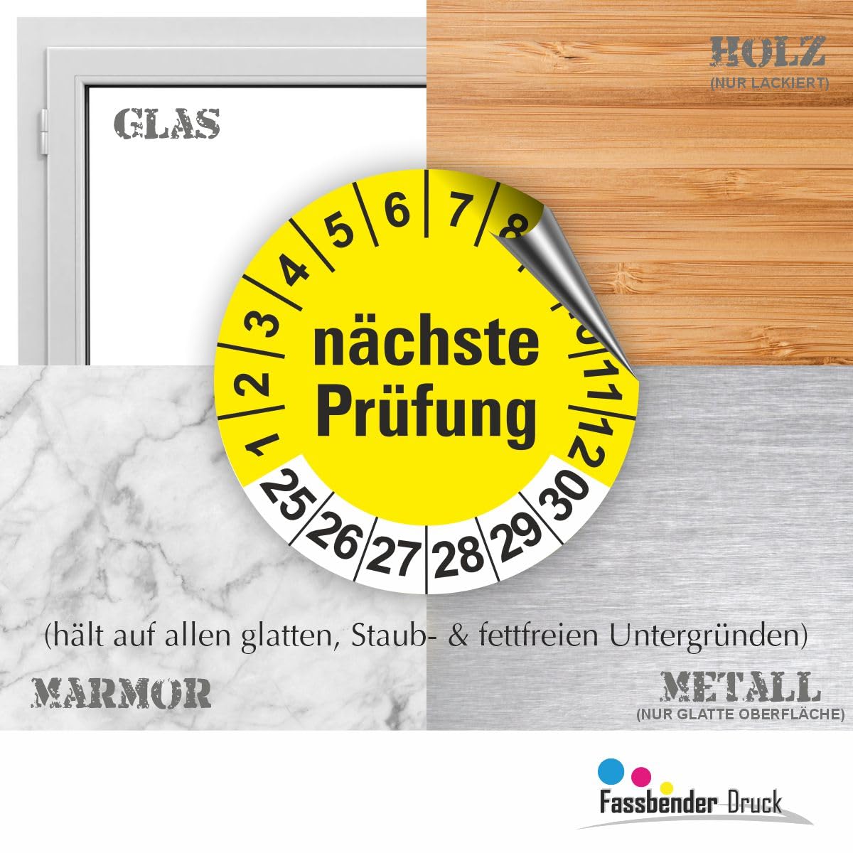 Fassbender-Druck Prüfplaketten „E-Prüfung“ – 90 Stück, 30mm, PVC-Folie, UV-beständig, Wasserfest, Made In Germany