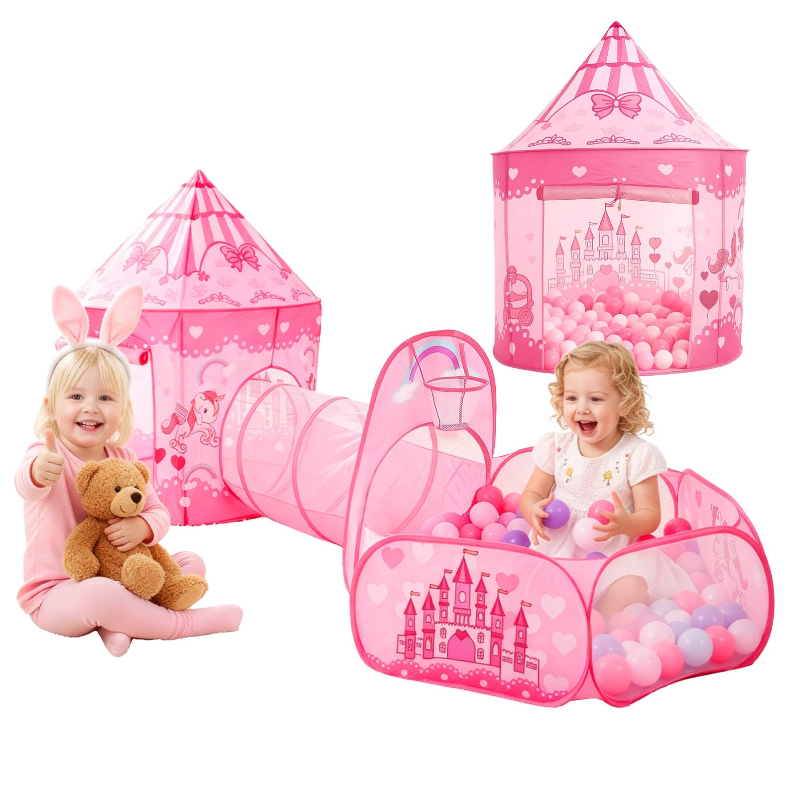 Minifactory 3-in-1 Kids Play Tent with Tunnel & Ball Pit, Indoor Outdoor Playhouse Set for Toddlers, Foldable Children Playhouse with Carry Bag, Durable Polyester Kids Tent Toy Set
