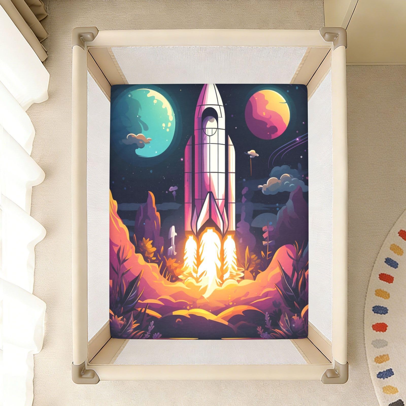 Luna Espacio Cohete PúRpura Planetas Sábana de Cuna para Niños Pequeños,Sábanas de Algodón Suave para Bebés Aptas para Colchón Corralito