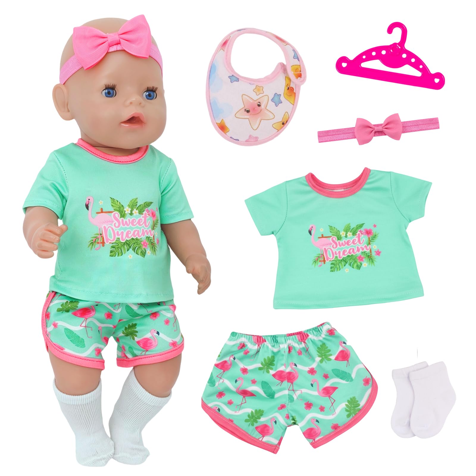 6 Pcs Baby Doll Clothes for 14-18 Inch Baby Dolls, Famingo Newborn Baby Clothes with 1 Top 1 Shorts 1 Bib 1 Bow Hairband 1 Socks 1 Hanger, Summer 35-45cm Doll Clothes Outfits for Kids Birthday Gift