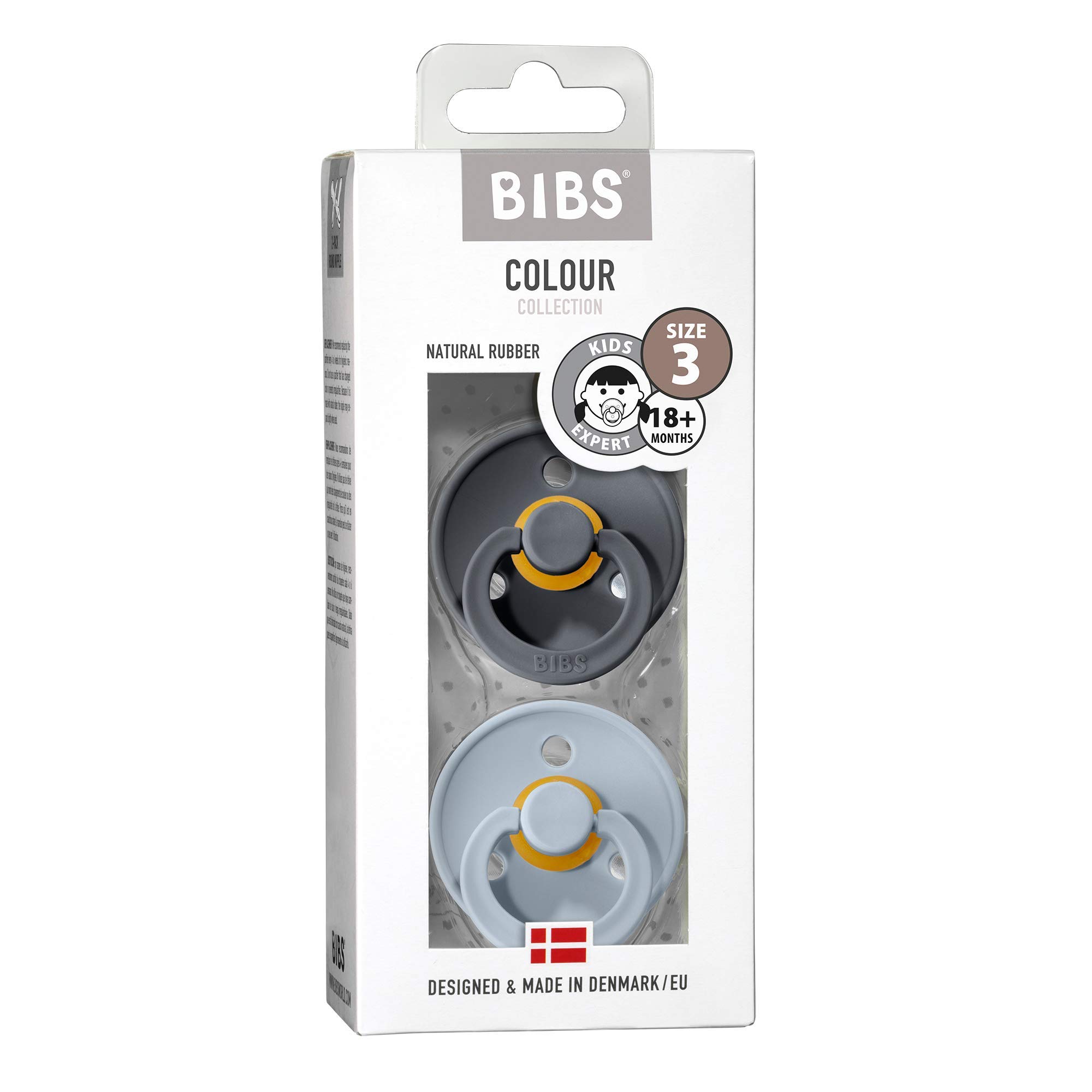 Bibs Pacifiers Color Collection, Set of 2 BPA-Free Latex Pacifiers Made in Europe, Round Nipple Baby Pacifier. Baby Blue / Iron 0+ Month (Pack of 2) - 2