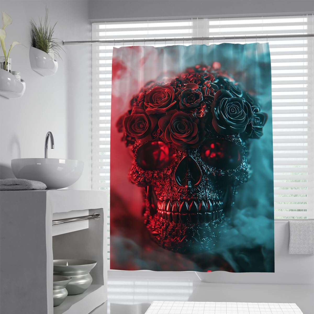 UIRINGART Gothic Red Rose Skull Shower Curtain W200xL240cm Dark Aesthetic Floral Skeleton Anti Mould Mildew Resistant Waterproof Fabric Bathroom Curtains with Hooks