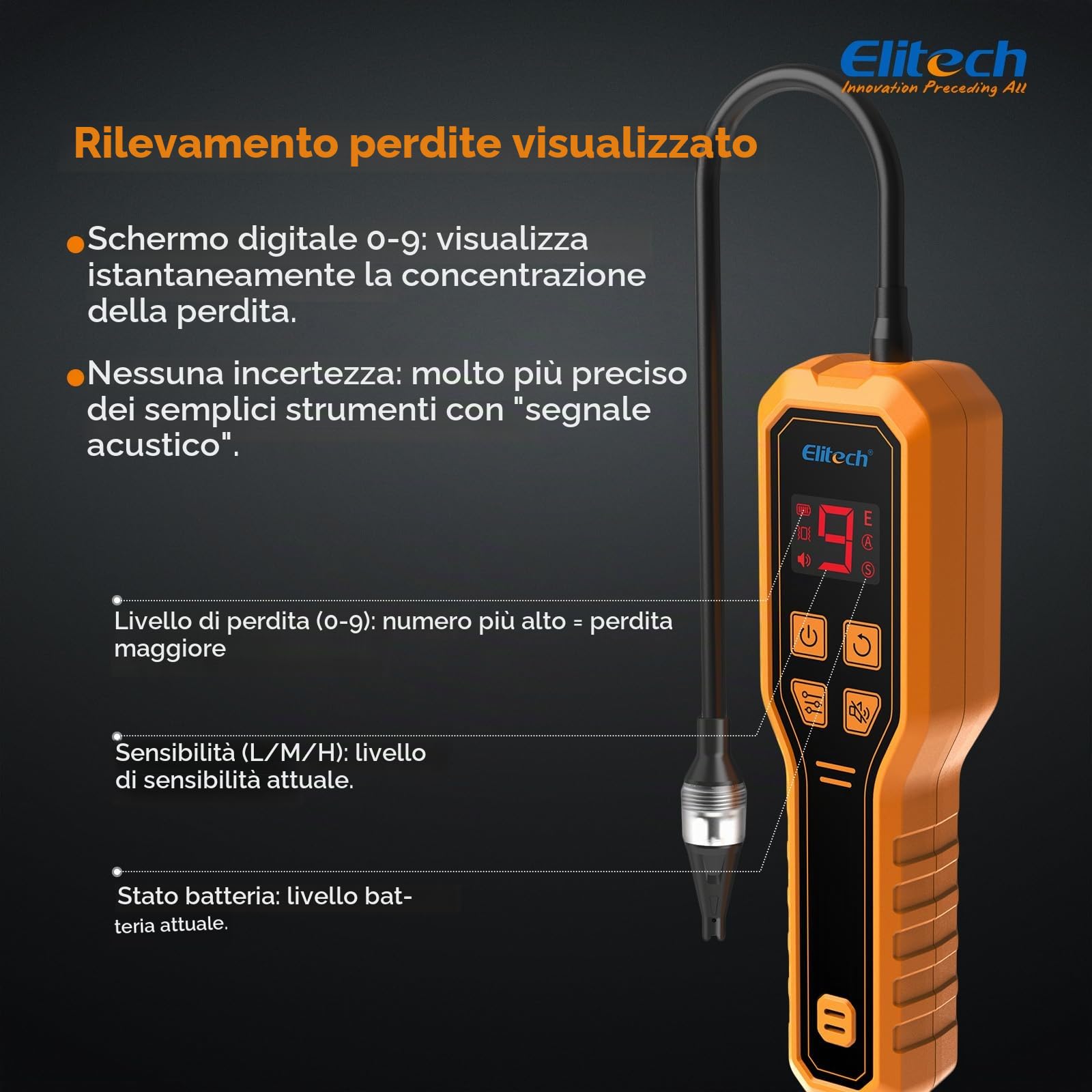 Elitech Rilevatore Perdite Gas Refrigerante Sniffer Cercafughe Freon per R32 R134A R410A R1234YF Compatibile con A2L e Uso Automotive Condizionatori ELD-270