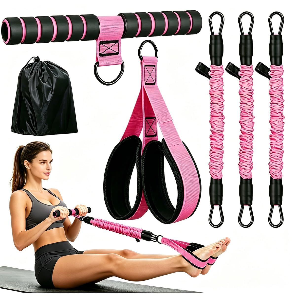 3 Tube Adjustable Pedal Resistance Band with Handle for Home Workout, Full Body Exercise Equipment for Women, Core Trainer for Abdomen Legs Arms, Sit Up Fitness Accessory