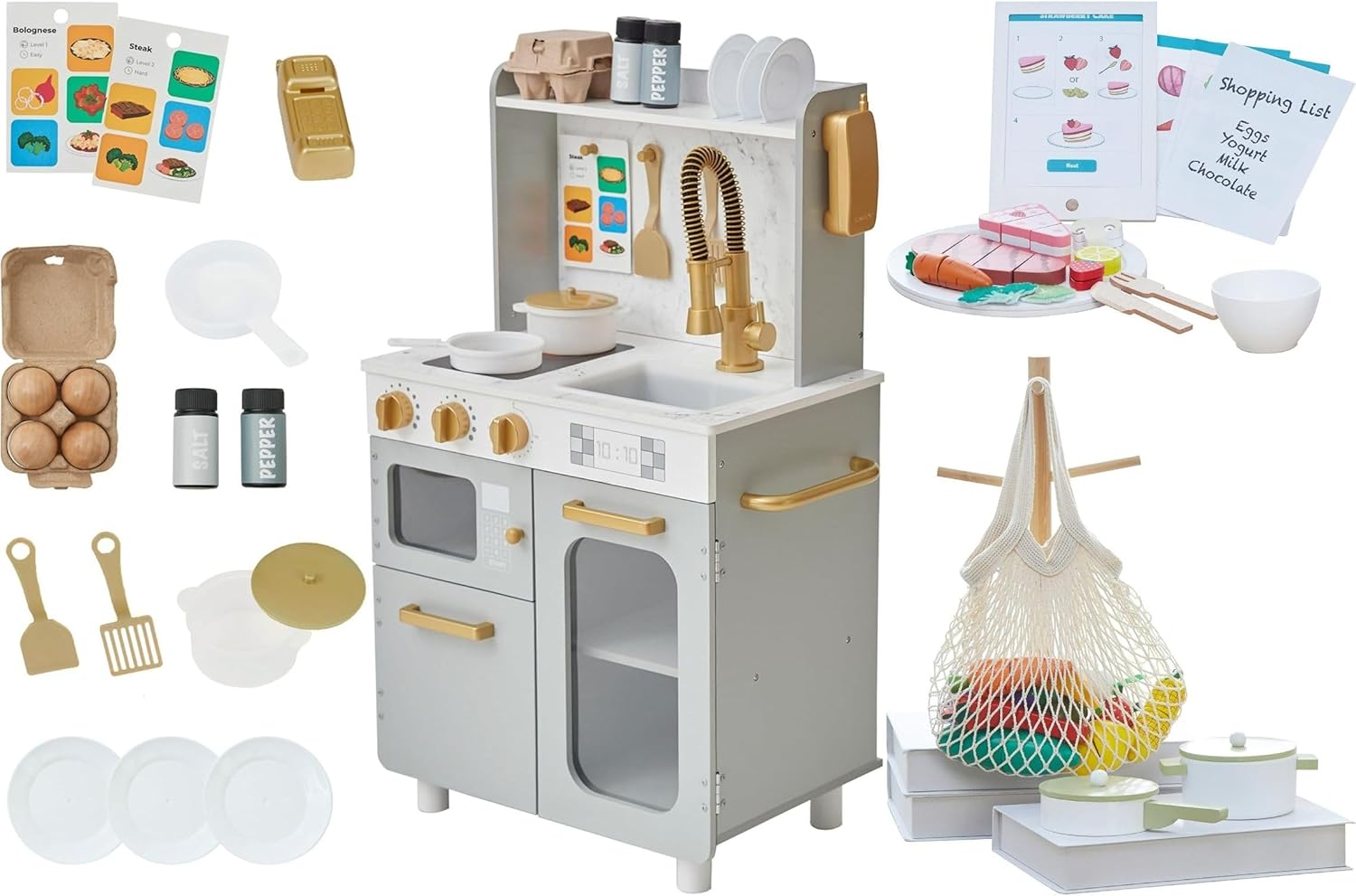 Teamson Kids 3-in-1 Pretend Play Bundle β Memphis Small Wooden Kitchen with Accessories, Frankfurt Coffee Machine & 27-Piece Kitchen Tablet Set