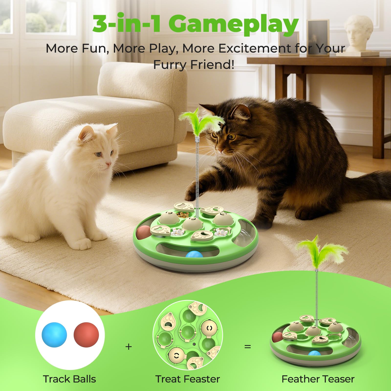 Giocattolo interattivo per gatti, livello 3 in 1, con palline di tracciamento, piuma e mangiatoia, base antiscivolo, arricchimento mentale per gatti da interni, regalo per gattini, verde
