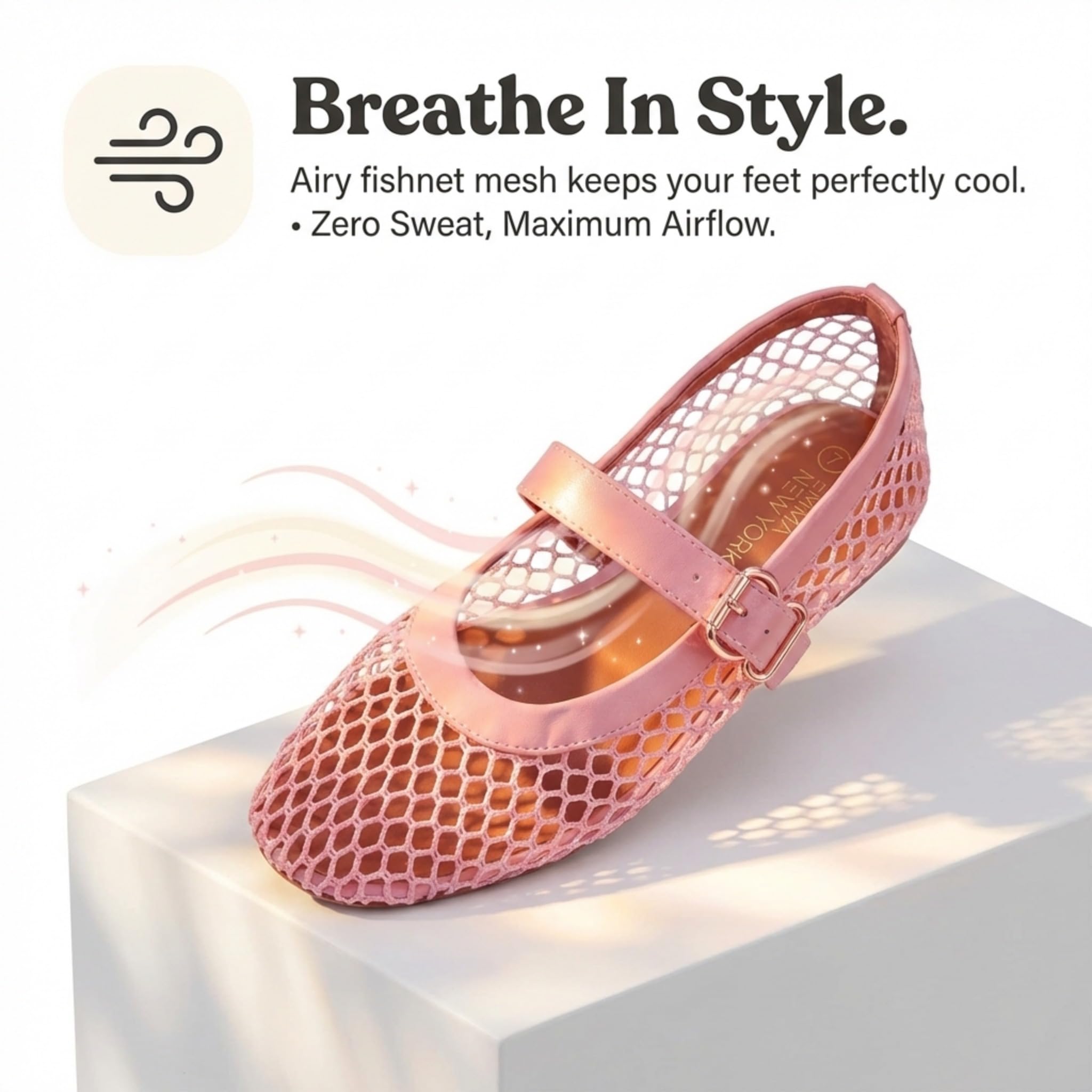 EMMA NEW YORK Women's Mesh Ballet Flats - Fishnet Mary Jane Flats with Adjustable Buckle Strap, Breathable & Stylish Ballerina Shoes (Pink, 8)