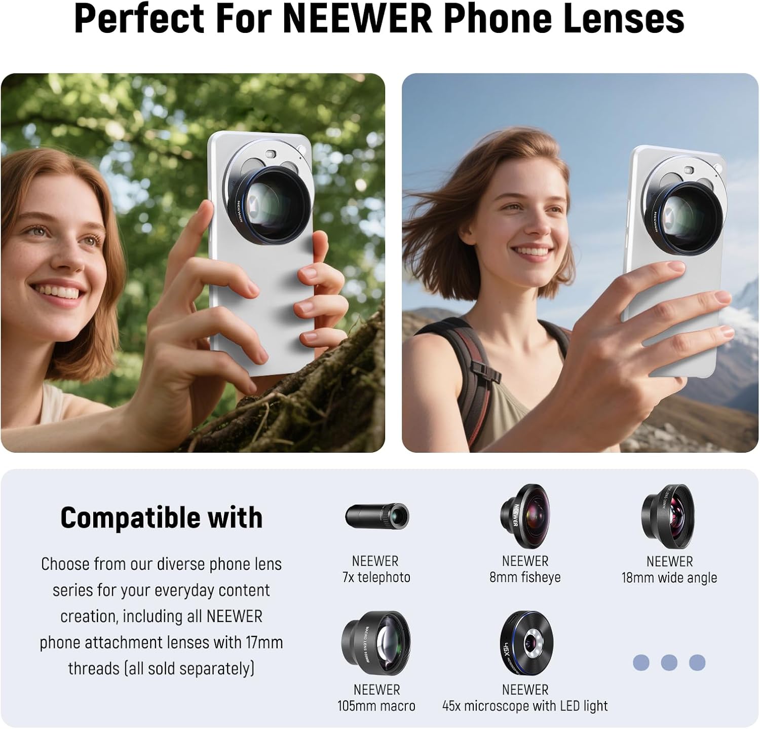 NEEWER 15 Ultra Lens Backplate, Aluminum Alloy 17mm Thread Phone Lens Adapter Holder for Main & Telephoto Cameras, Compatible with Xiaomi 15 Ultra Original Phone Case, PA111 (Silver)