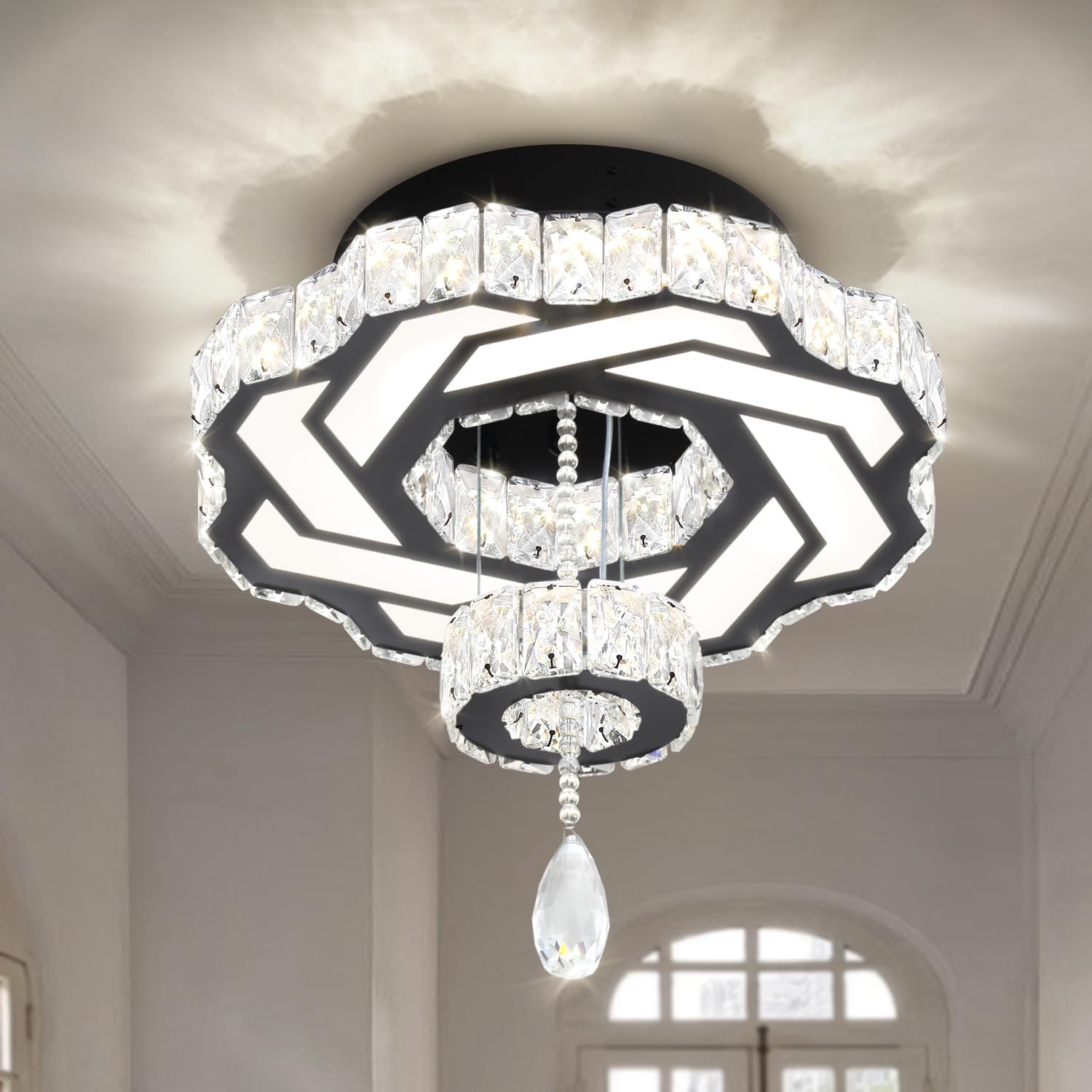 Flashing God 16 Inch Mini Chandelier Modern Crystal Chandeliers Light Semi Flush Mount Ceiling Light Fixture Small Black Chandelier for Bedroom Hallway Kitchen Foyer Black Dia 16inch