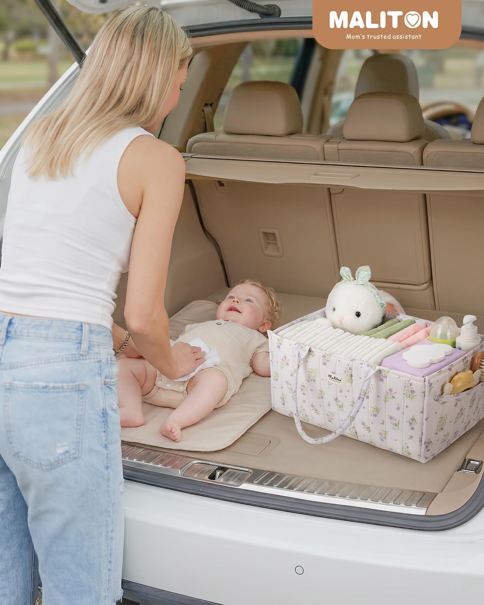 Maliton Panier Rangement Bébé, Organiseur table à langer, panier de rangement pour couches avec compartiments et poignées, essentiels nouveau-né, cadeau naissance bébé, Fleurs violettes