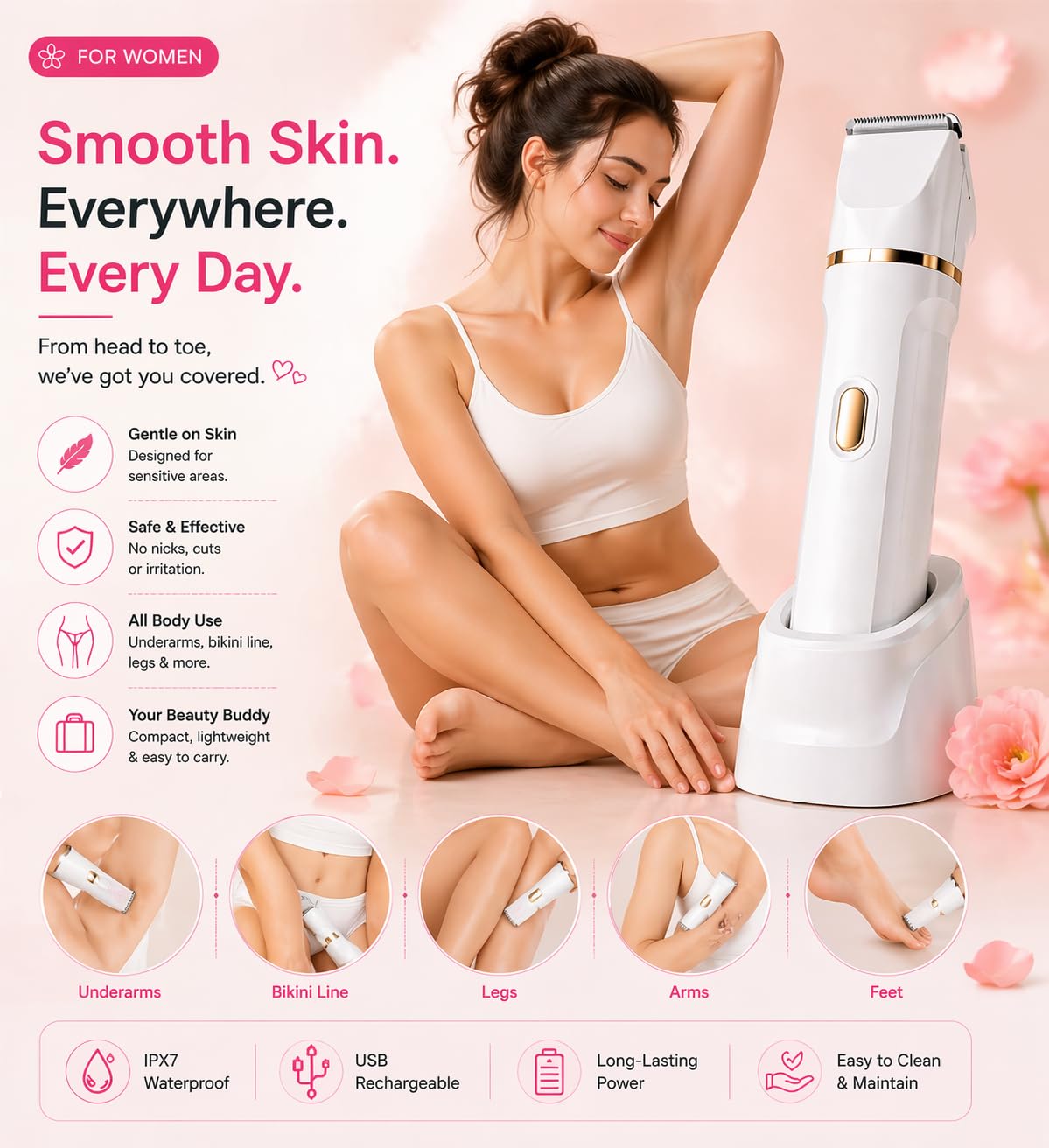 Rasoio elettrico 5 in 1 per bikini, da donna, ricaricabile, impermeabile, per corpo e viso, rasoio indolore per peli pubici con testine intercambiabili, trimmer per naso e viso, ricarica USB, uso