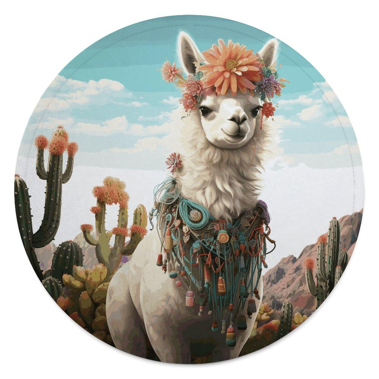 Mexican Llama Cactus Blanket Novelty Round Tapestry Super Soft Flannel Mom Blanket Cozy Beach Throw Tapestry Lightweight Thick Throw Blankets for All Seasons Diameter 59.1 in