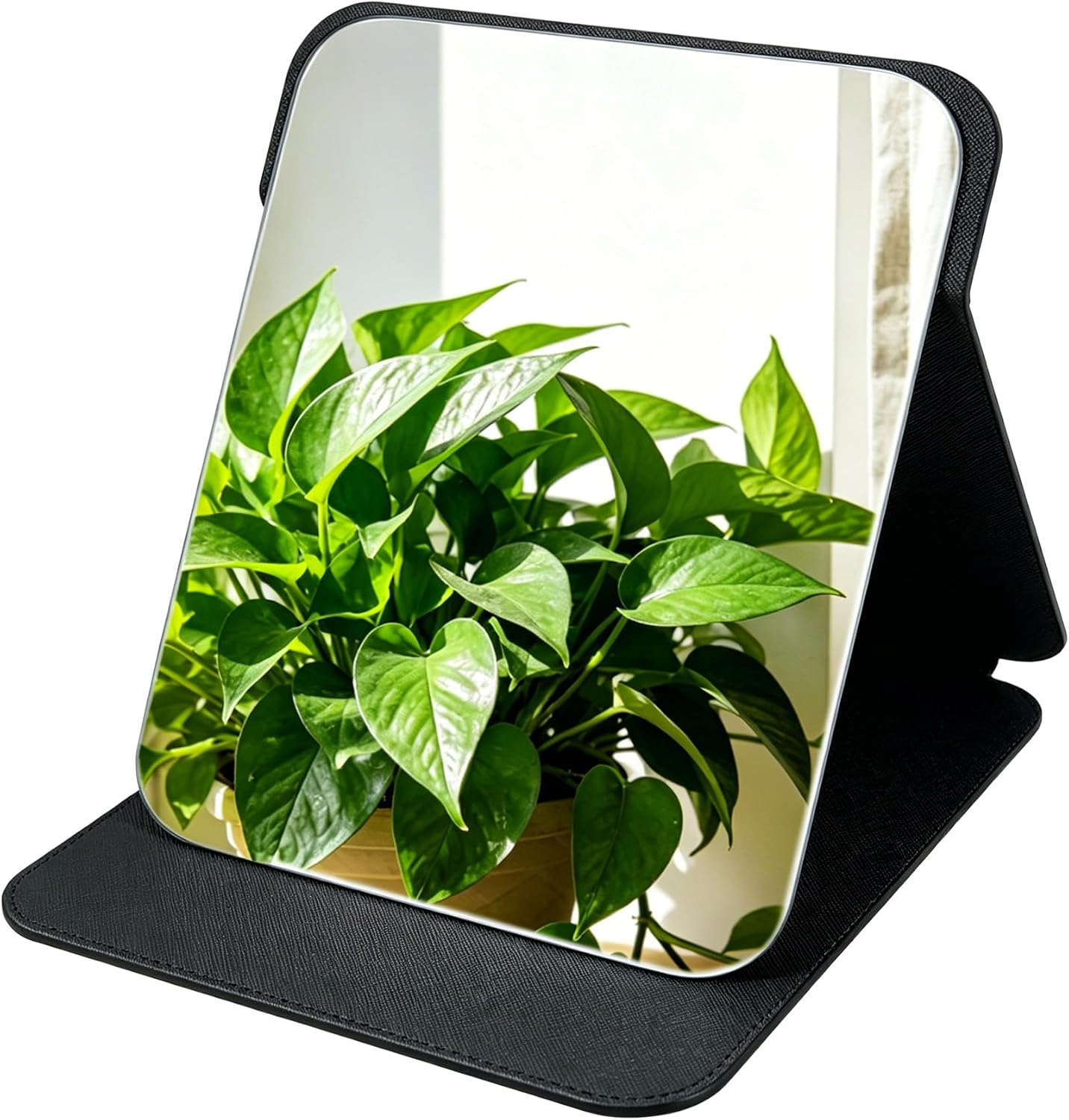 Black Folding Travel Mirror, 10x7 inches PU Portable Adjustable Rectangular Ultrathin Vanity Mirror with Stand, for Travel, Camping,Home