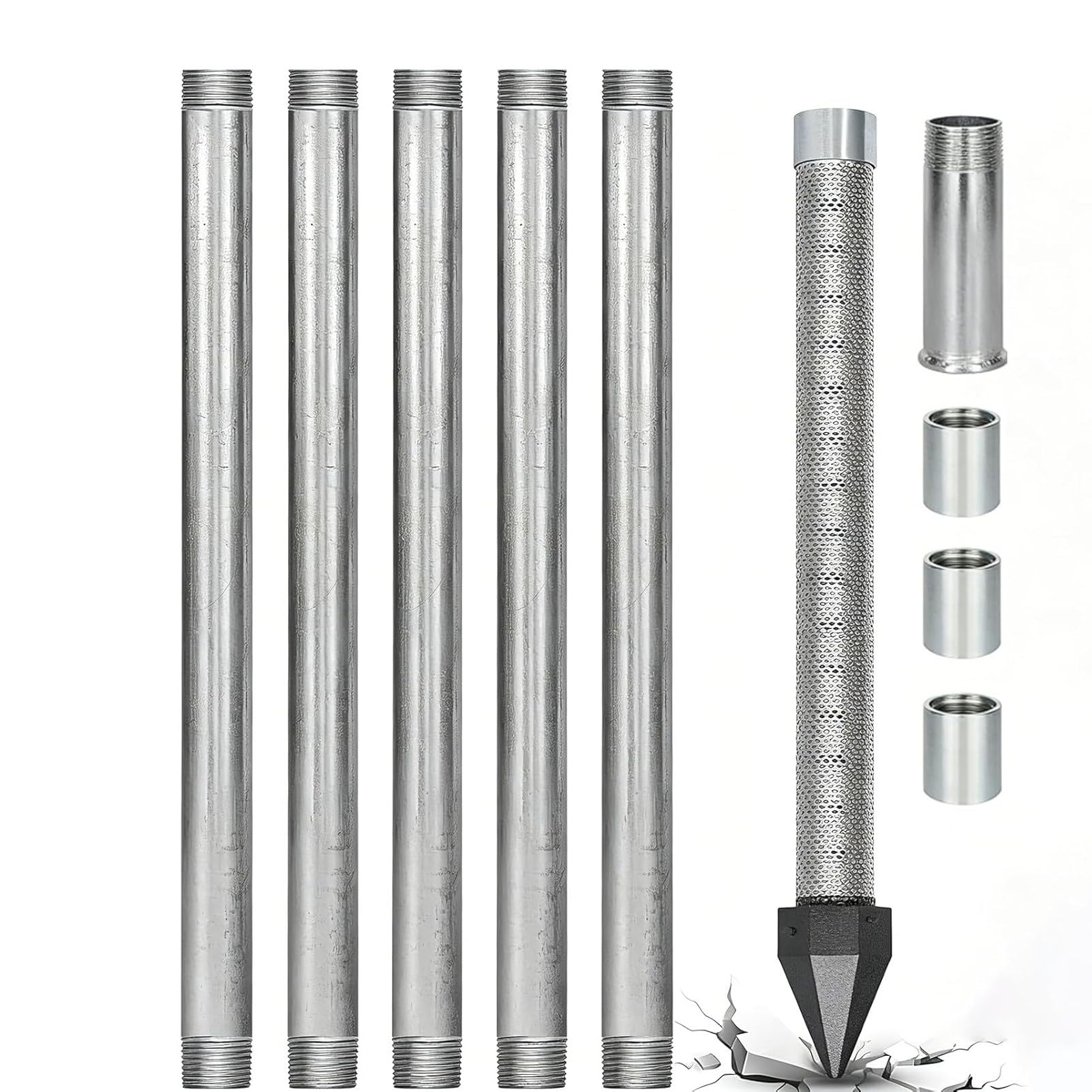 Ofyphth Well Drive Point Kit, 1-1/4 in Stainless Steel Sand Point Well with 60 Gauze Mesh, 36 in Length Pipe, Heavy Duty Shallow with Galvanized Pipes and Couplings, for Gardens & Farms. 6M