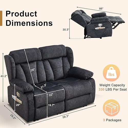 Miniatura 3 de Sofá biplaza reclinable de 58.3 pulgadas, sofá reclinable de dos plazas para autocaravana, asiento de cine en casa con bolsillos laterales para sala