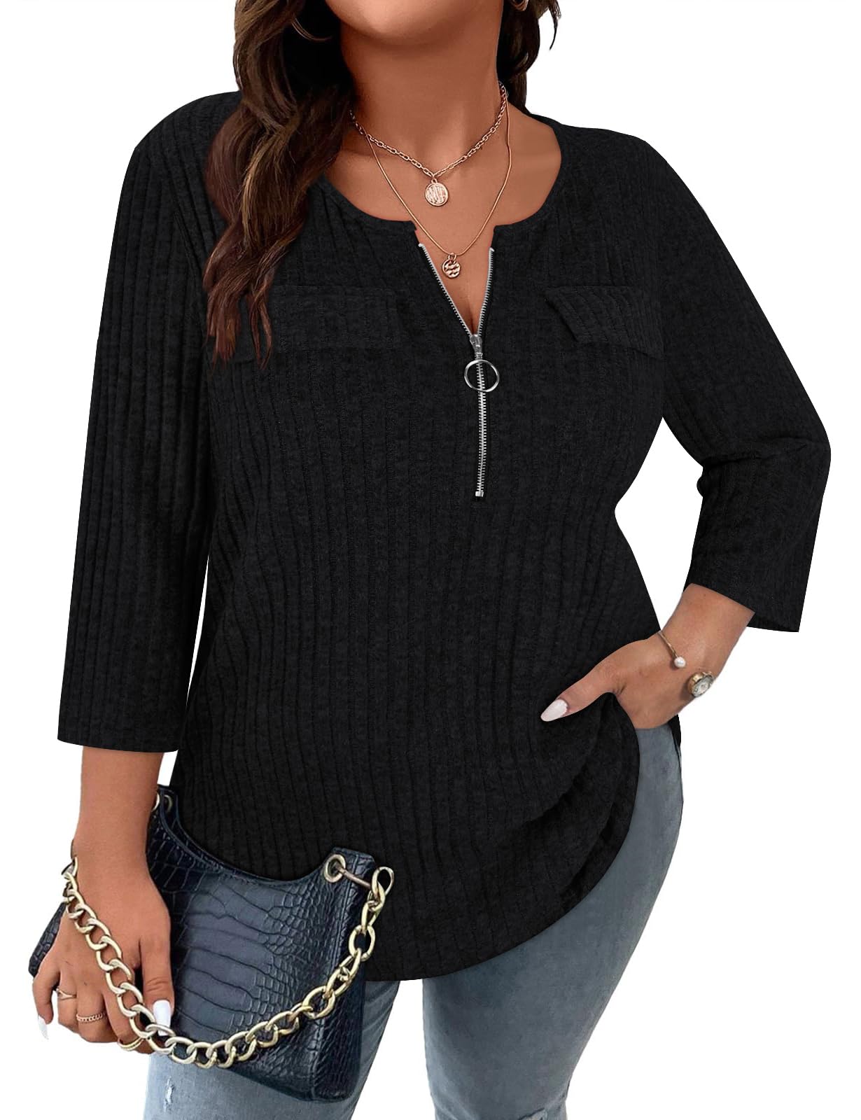 Viracy Women Plus Size Sweaters 3/4 Sleeve Zip V Neck Ribbed Solid Color Casual Blouses Tops XL-5XL
