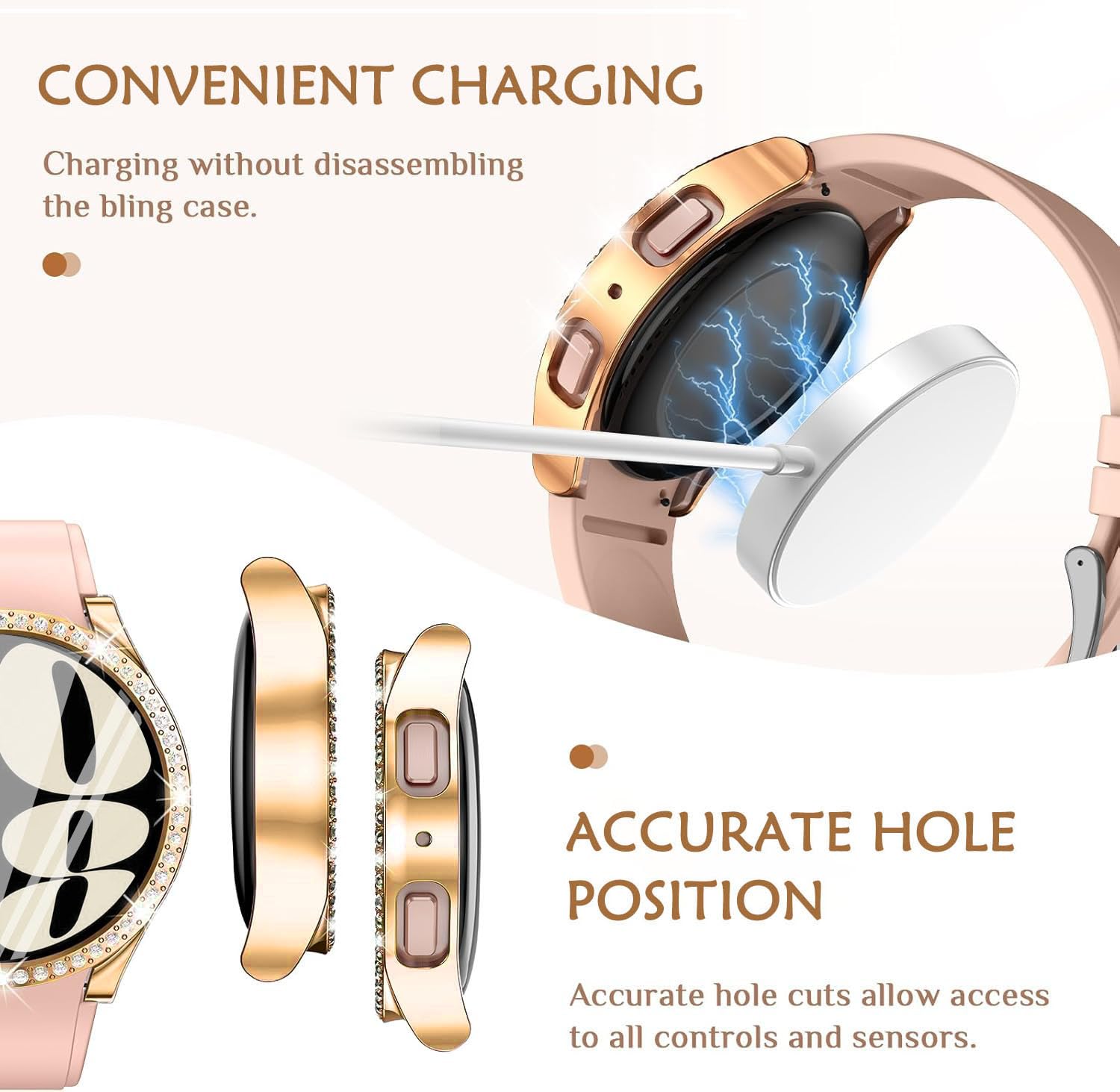 DEALELE [2-PACK] Case Compatible with Samsung Galaxy Watch 5/4 44mm, Bling Single-Row Diamond PC Protective Case Replacement Watch Cover Bumper (44mm, Gold+Transparent) — view 246