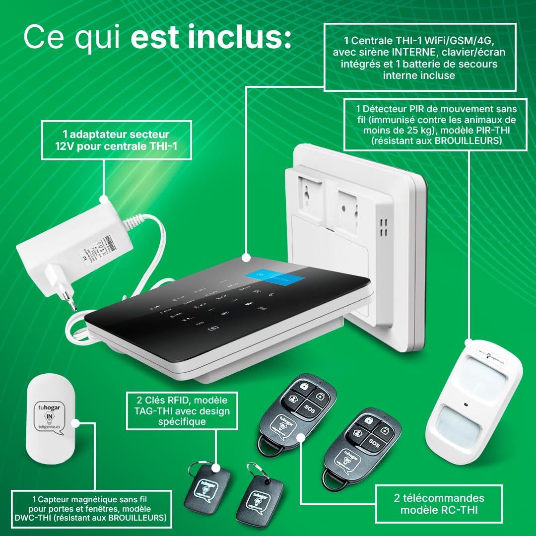 Kit Alarme Maison sans Fil sans Frais | Domotique (WiFi + GSM) connecté à Internet + Ligne Mobile - Systeme Alarme de Sécurité pour Votre Maison ou Votre Entreprise | CONTRÔLE Total avec Le Mobile