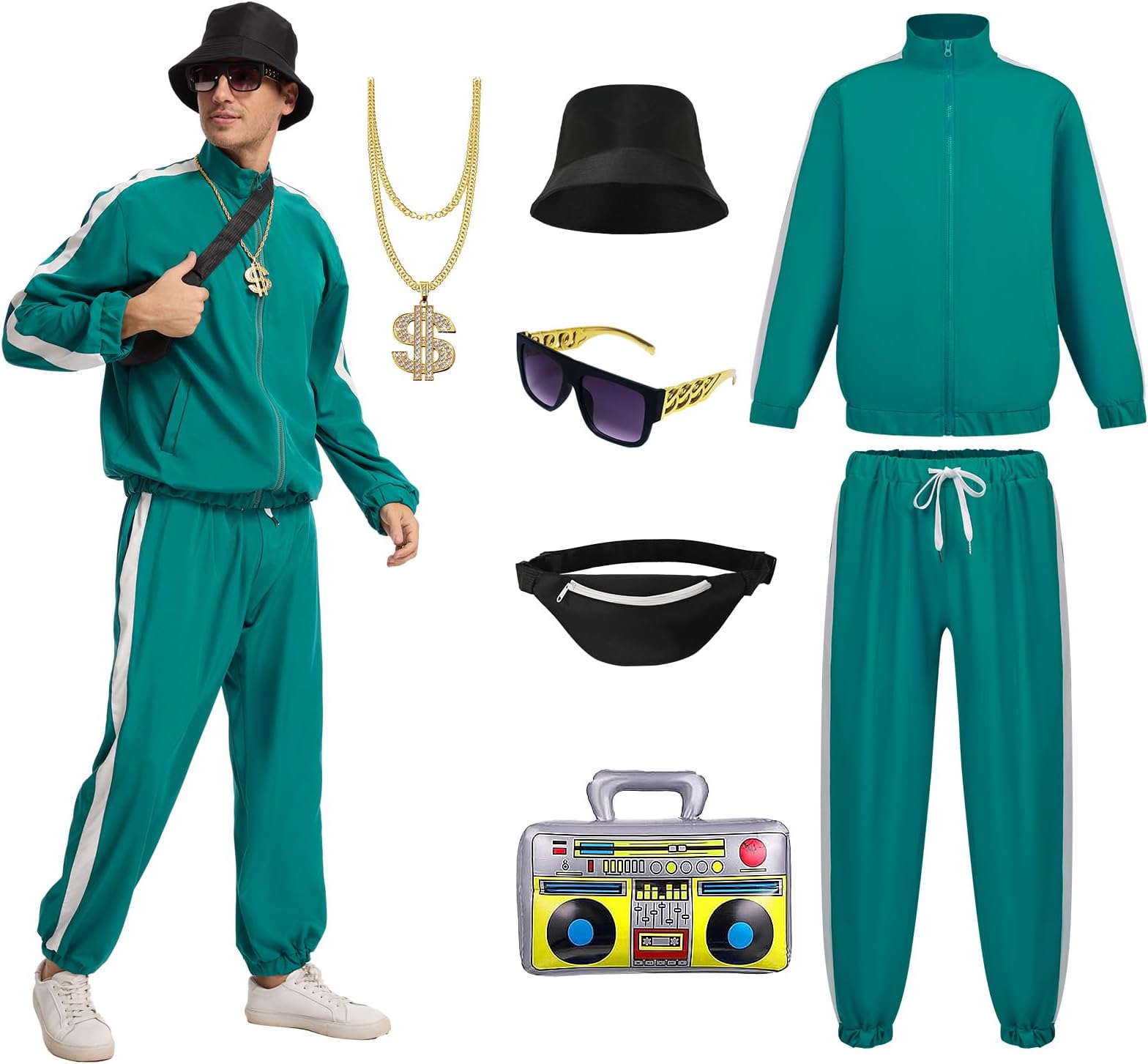 80s Outfit for Men 90s Track Suit with Hip Hop Costume Accessories Set for Halloween Themed Party