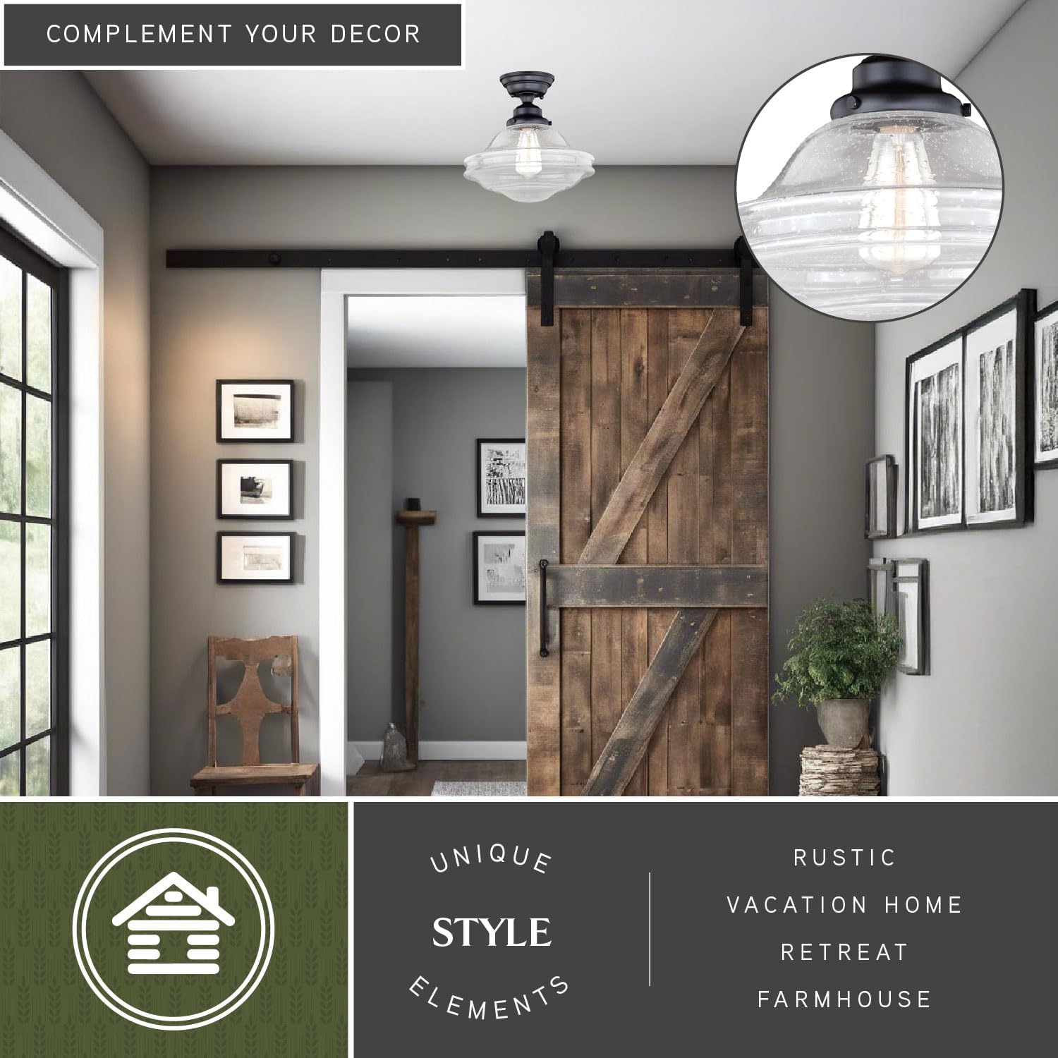 VAXCEL Huntley 12-in W Bronze Farmhouse Schoolhouse Semi Flush Mount Ceiling Light Clear Seeded Glass