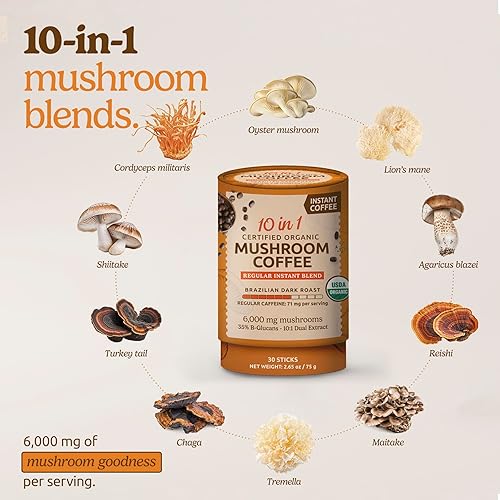 Vista 2 de Café de hongos orgánico instantáneo 10 en 1 certificado por el USDA, café instantáneo de hongos tostado oscuro brasileño para una mejor energía