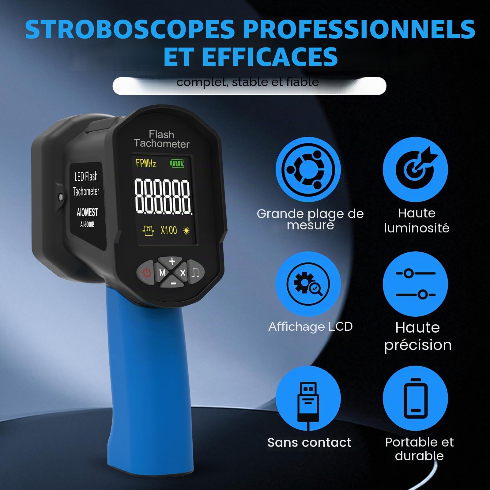 Stroboscope LED Numérique AIOMEST-Tachymètre Stroboscopique Professionnel 100 000 RPM Hz Haute Précision 0,001% - Sans Contact Strobe Tachometer avec Flash Réglable pour Régime Moteur, Ventilateur