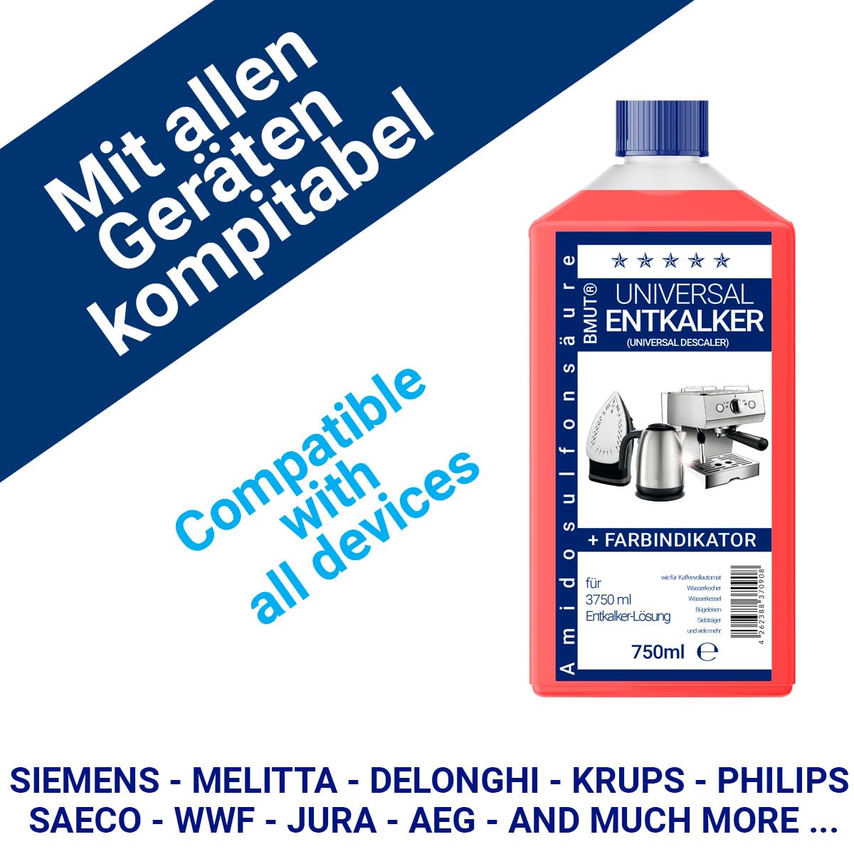 6 descalcificadores concentrado universal de 750 ml, como para cafeteras automáticas, hervidores de agua, etc. – para 6 descalcificaciones/aplicaciones cada una de 125 ml