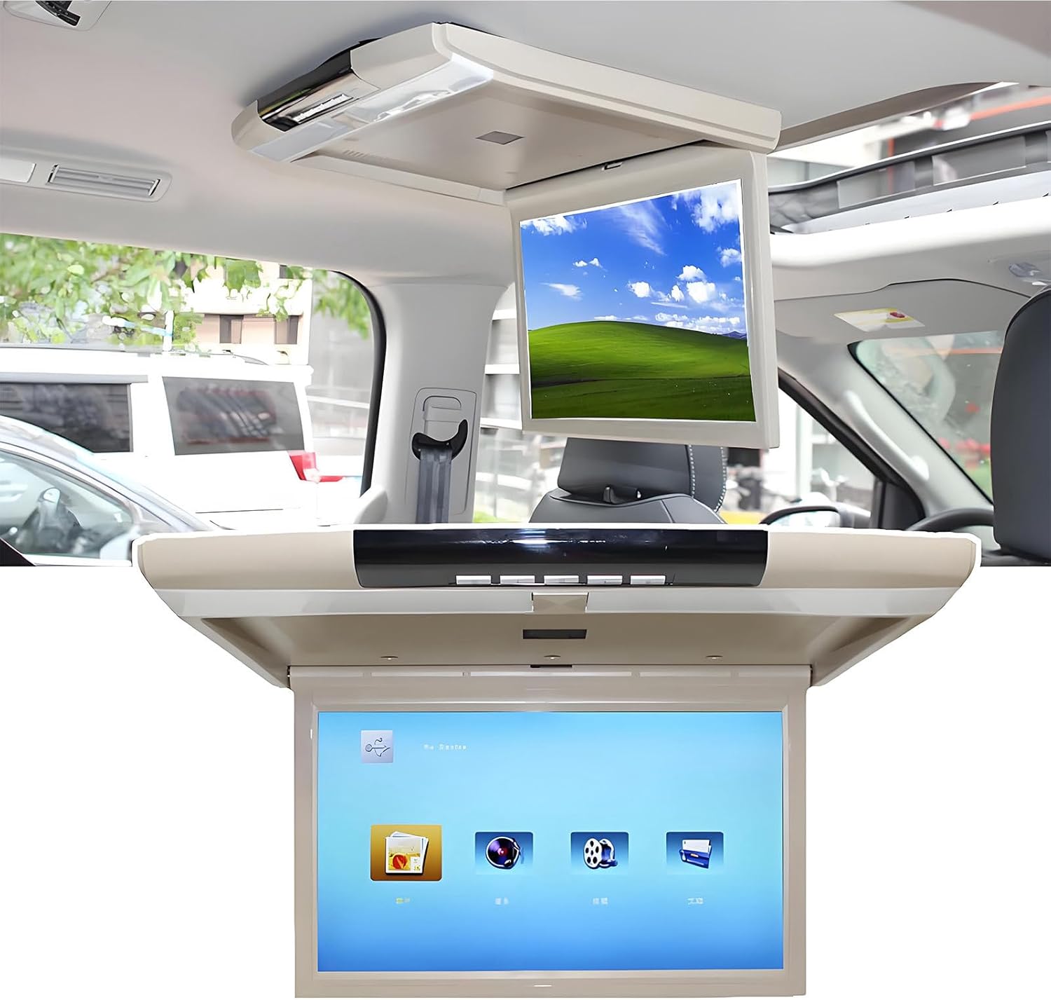 1080p Car Monitor HD LCD Screen,Mp5 Video Player Car Roof Mount Display,Multimedia Ceiling TV Mirror Link Fm,Ir (Beige)