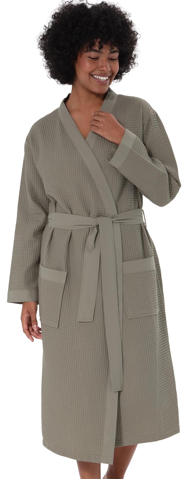 SEYANTE Womens Organic Cotton Waffle Kimono Hooded Robe GOTS Certified Lightweight Full-Length Spa Bathrobe with Piping