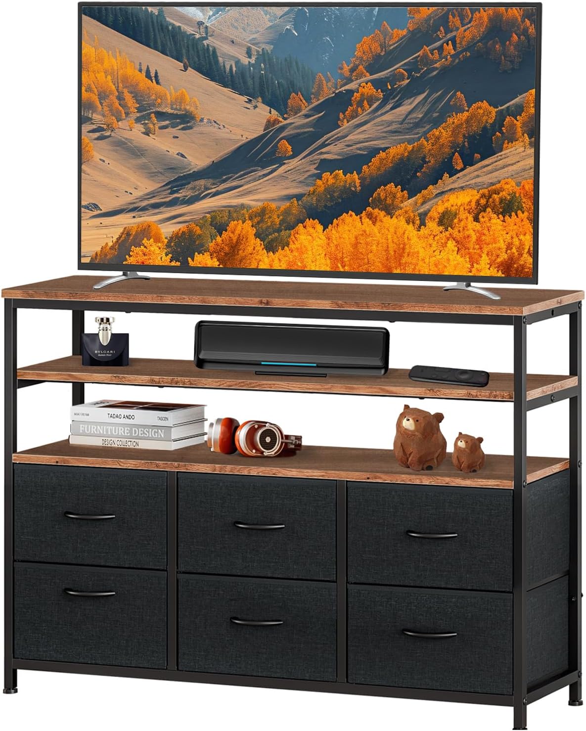 TV Stand with Drawers,Television Stand,Entertainment Center for 32/45/55/65 inch TVs,Console Table,6 Drawer Dresser,Fabric Chest of Drawers with Shelves, for Living Room, Bedroom