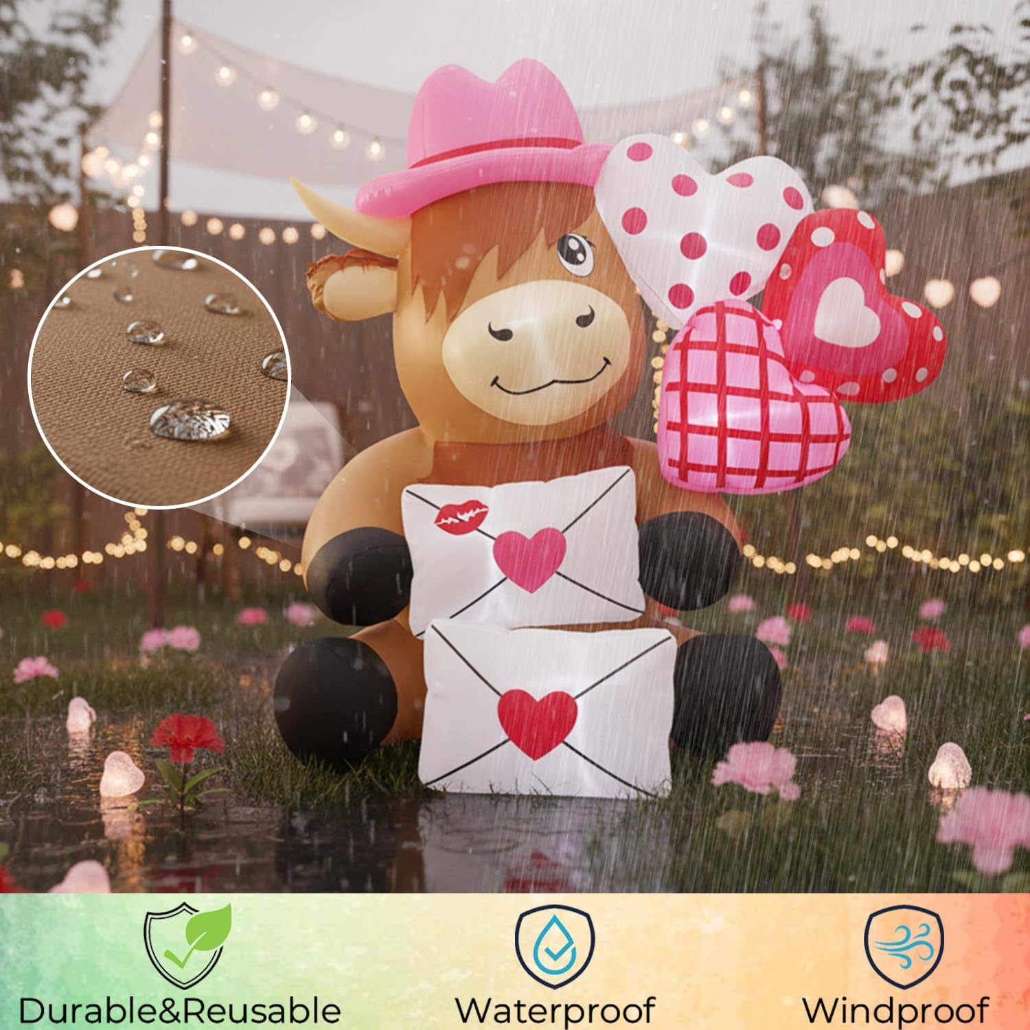 5FT Valentines Day Inflatables Highland Cow with Hearts and Love Letters, Romantic Blow Up Decorations, LED Lighted Outdoor Valentine Decor for Anniversary, Wedding, Party, Indoor Yard - Image 5