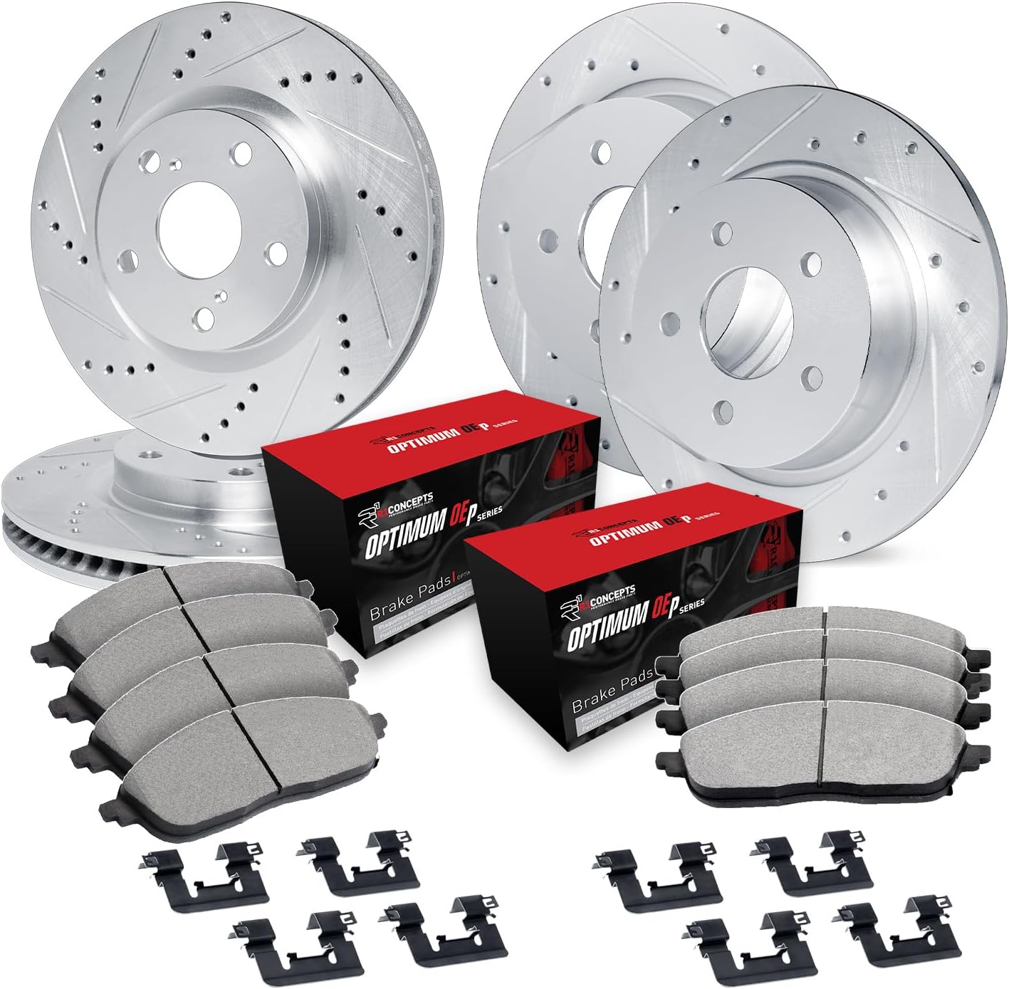 R1 Concepts Front and Rear Brake Kit For 2014-2019 Mitsubishi Outlander, 2013 Mitsubishi Outlander| Drilled Slotted Brake Rotors| Optimum OEP Brake Pads and Rotors Kit| Hardware included