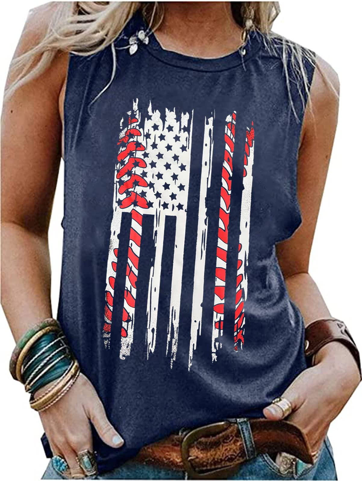 ZIFOTA American Flag Baseball Tank Tops for Women 4th of July Patriotic Shirt Stars Stripes Baseball Graphic Sleeveless Tops