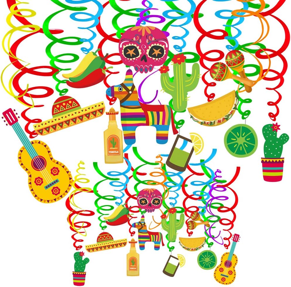 Supla 30 pcs Fiesta Hanging Swirl Decorations Mexican Fiesta Cinco De Mayo Party Swirls Hanging Swirl Streamers Foil Hanging Ceiling Décor for Ceiling Spiral Decorations Party Backdrops