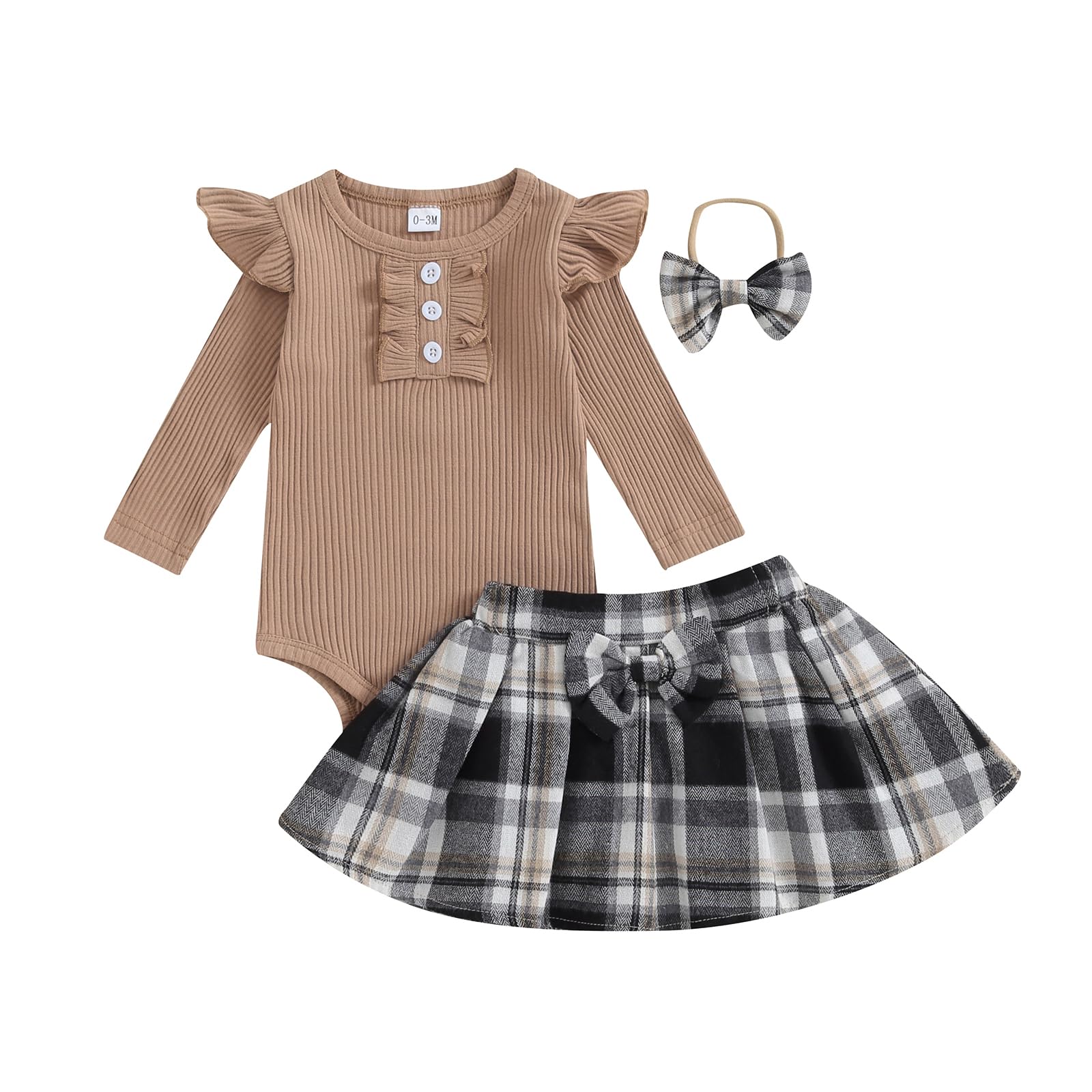 Newborn Infant Baby Girl Christmas Outfit Ribbed Knit Cotton Romper Plaid Skirts Headband Winter Clothes 0-18M (Khaki, 6-9 Months)